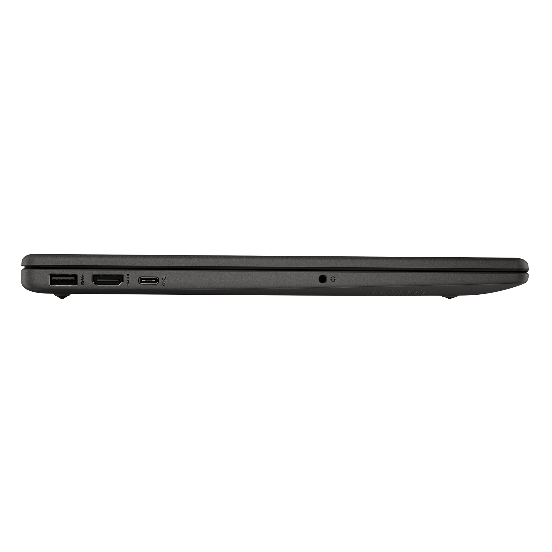 Seitenansicht eines geschlossenen, dunkelgrauen Laptops. Sichtbare Anschlüsse: USB, HDMI, USB-C und Kopfhöreranschluss.