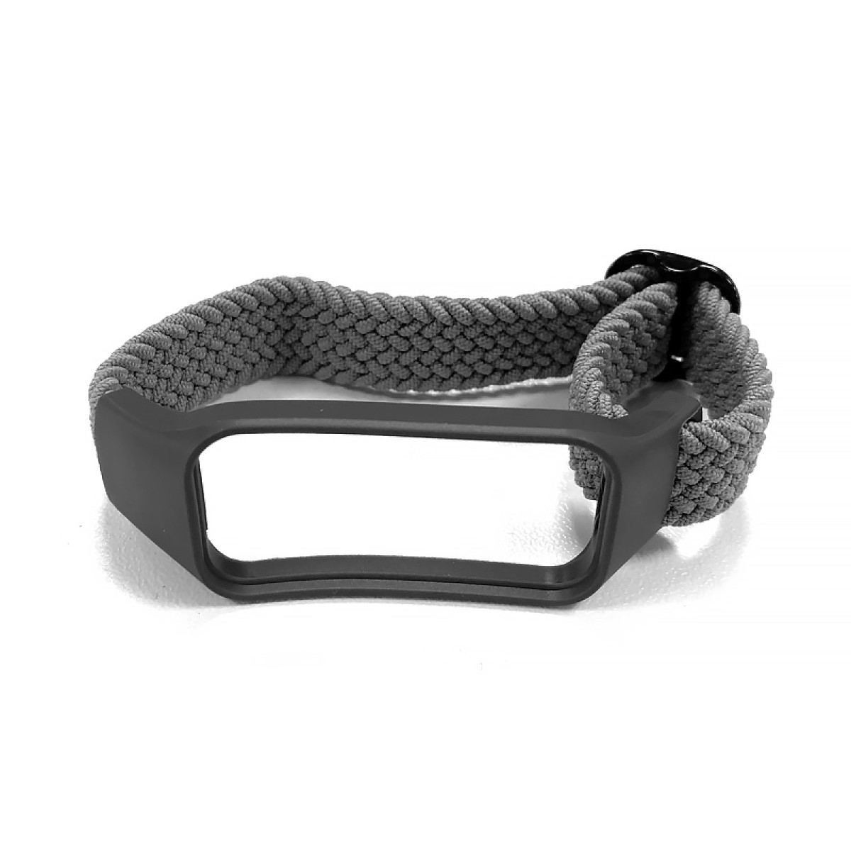 Ein graues Armband für eine Smartwatch mit geflochtenem Kordeldesign. Der Riemen befindet sich auf weißem Hintergrund.