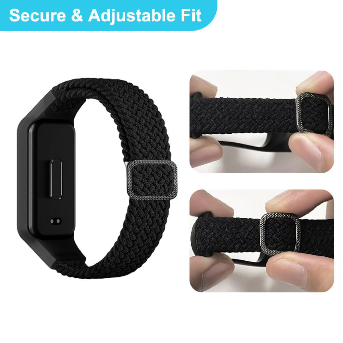 Schwarzes Smartwatch-Armband mit verstellbarer Schnalle. Detailaufnahmen zeigen die Anpassung des Bands.