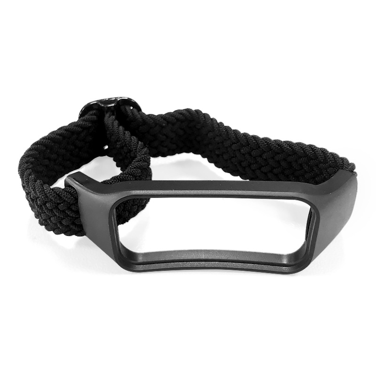 Ein schwarzes Smartwatch-Armband mit geflochtenem Nylonband und Kunststoffrahmen, auf weißer Oberfläche.