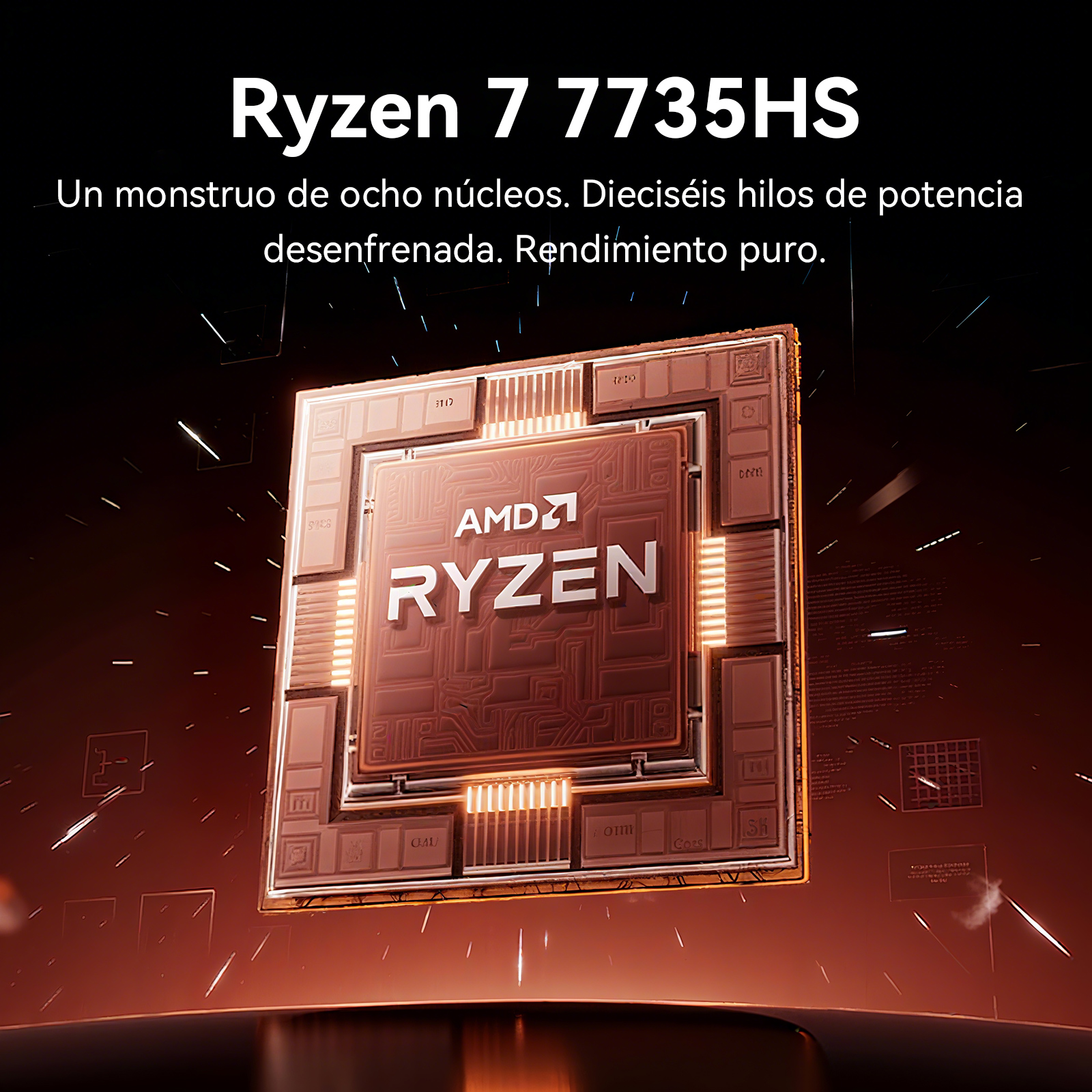 Procesador AMD Ryzen 7 7735HS. CPU marrón con el logotipo de Ryzen, rodeada de brillo. Texto en español.