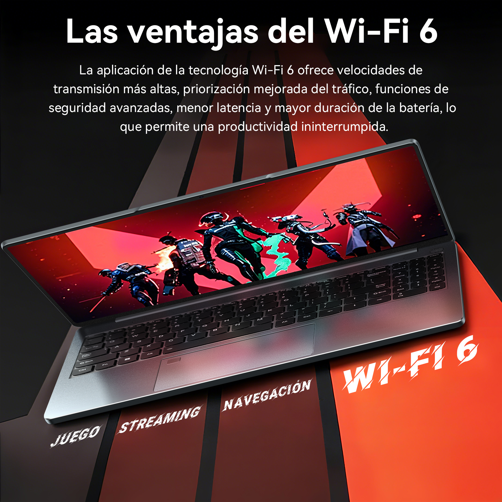 Una computadora portátil muestra una escena de juego. El texto dice: Ventajas de Wi-Fi 6. Los beneficios incluyen velocidades más rápidas y mayor duración de la batería.