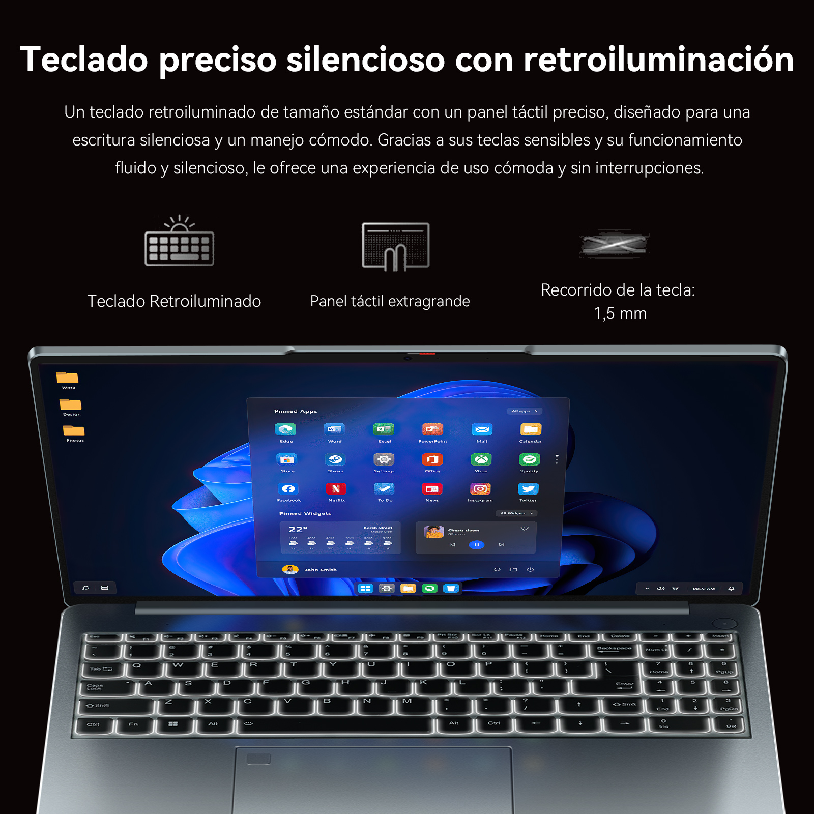 Portátil con teclado iluminado. La pantalla muestra aplicaciones y widgets. El teclado está iluminado. Fondo negro.