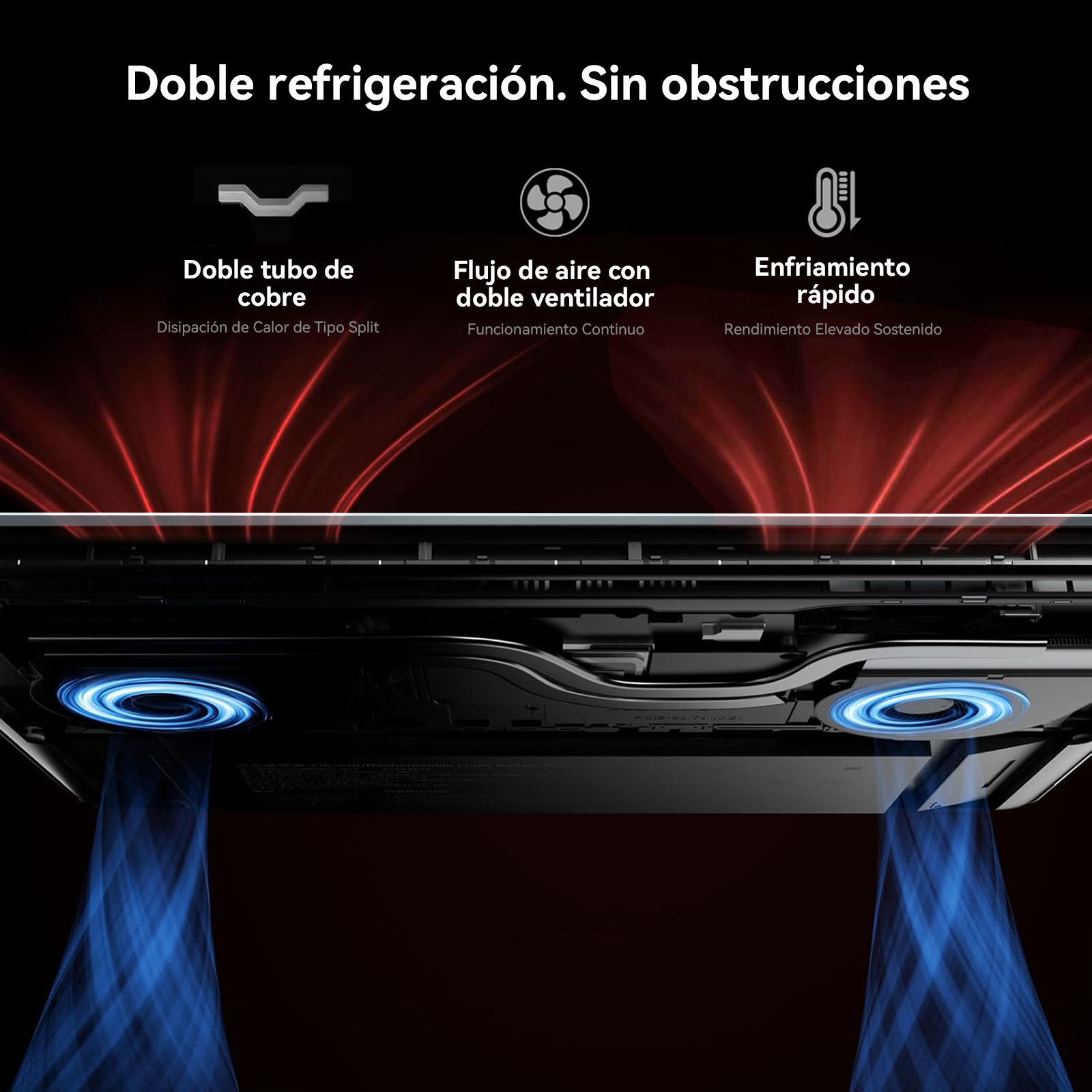 Imagen muestra un sistema de refrigeración con tubos de cobre, ventiladores dobles y enfriamiento rápido. Flujo de aire azul.