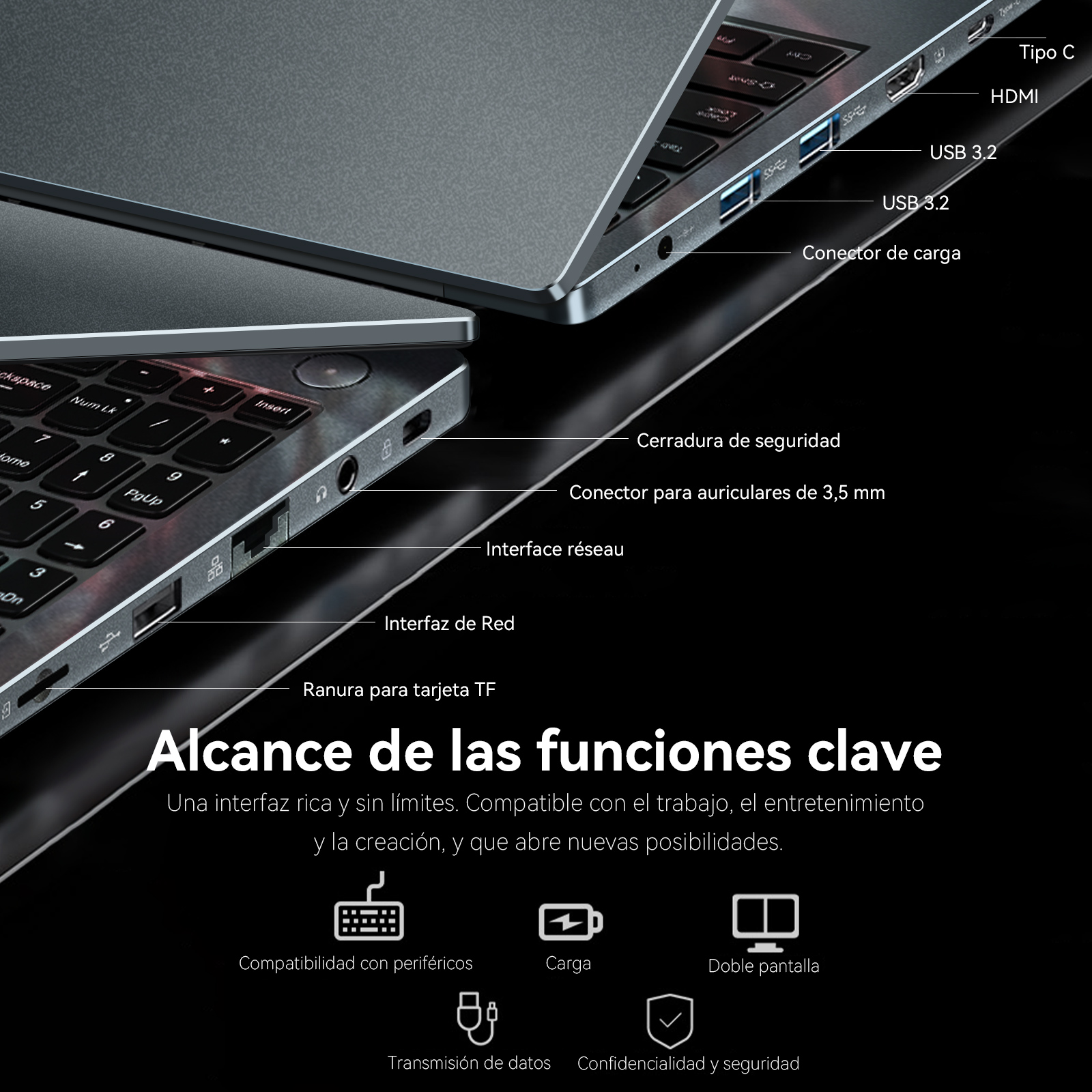 Portátil con puertos: Tipo C, HDMI, USB 3.2, carga y bloqueo de seguridad. Teclado visible con teclas de función.
