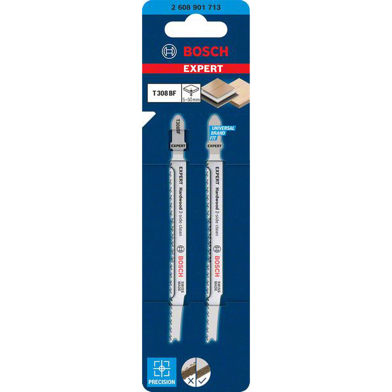 Una confezione di lame Bosch Expert blu. Ha due lame, informazioni sul prodotto e loghi. Le lame sono per legno duro.