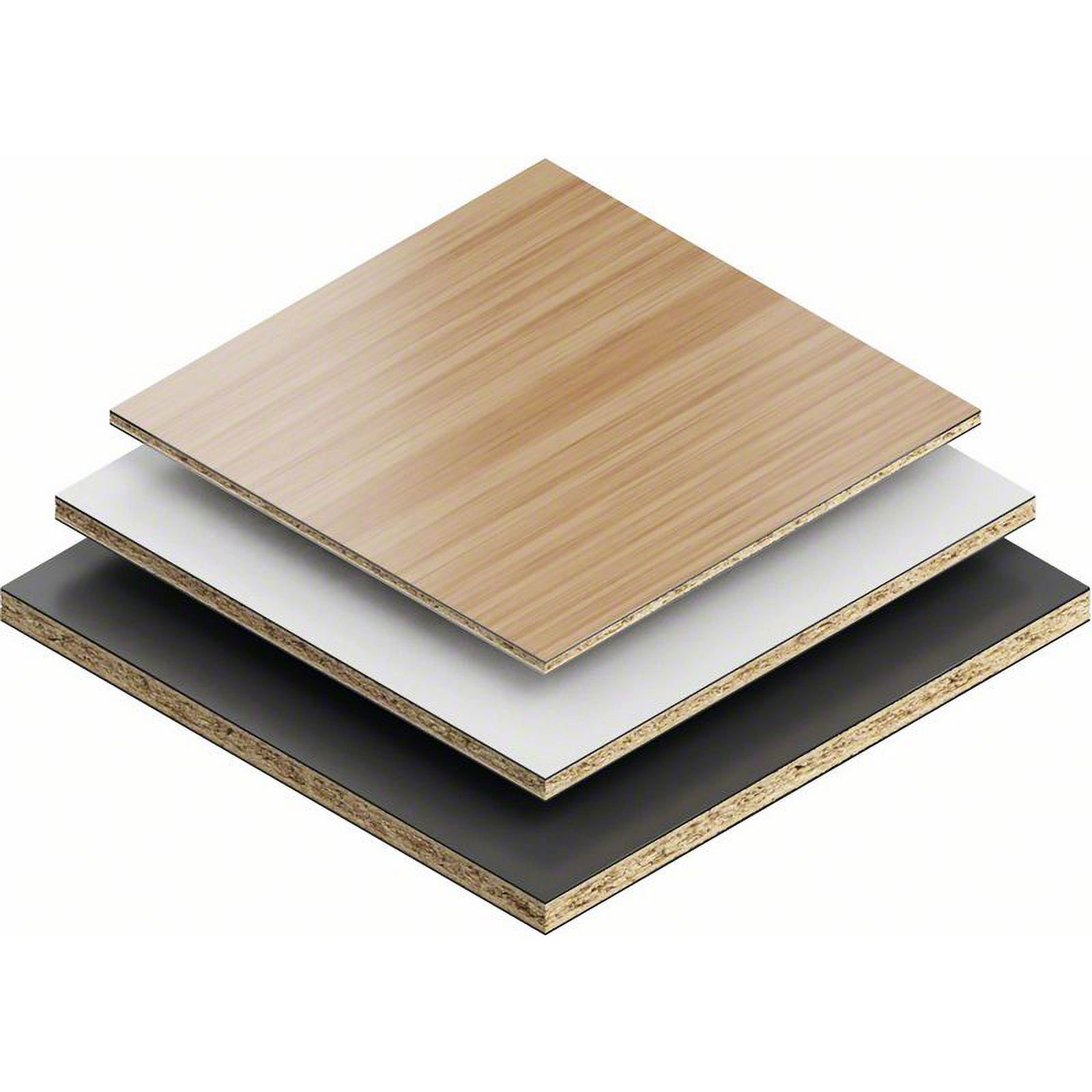 Vista isometrica di tre pannelli stratificati. Sopra venatura legno, centro bianco, sotto nero, impilati.