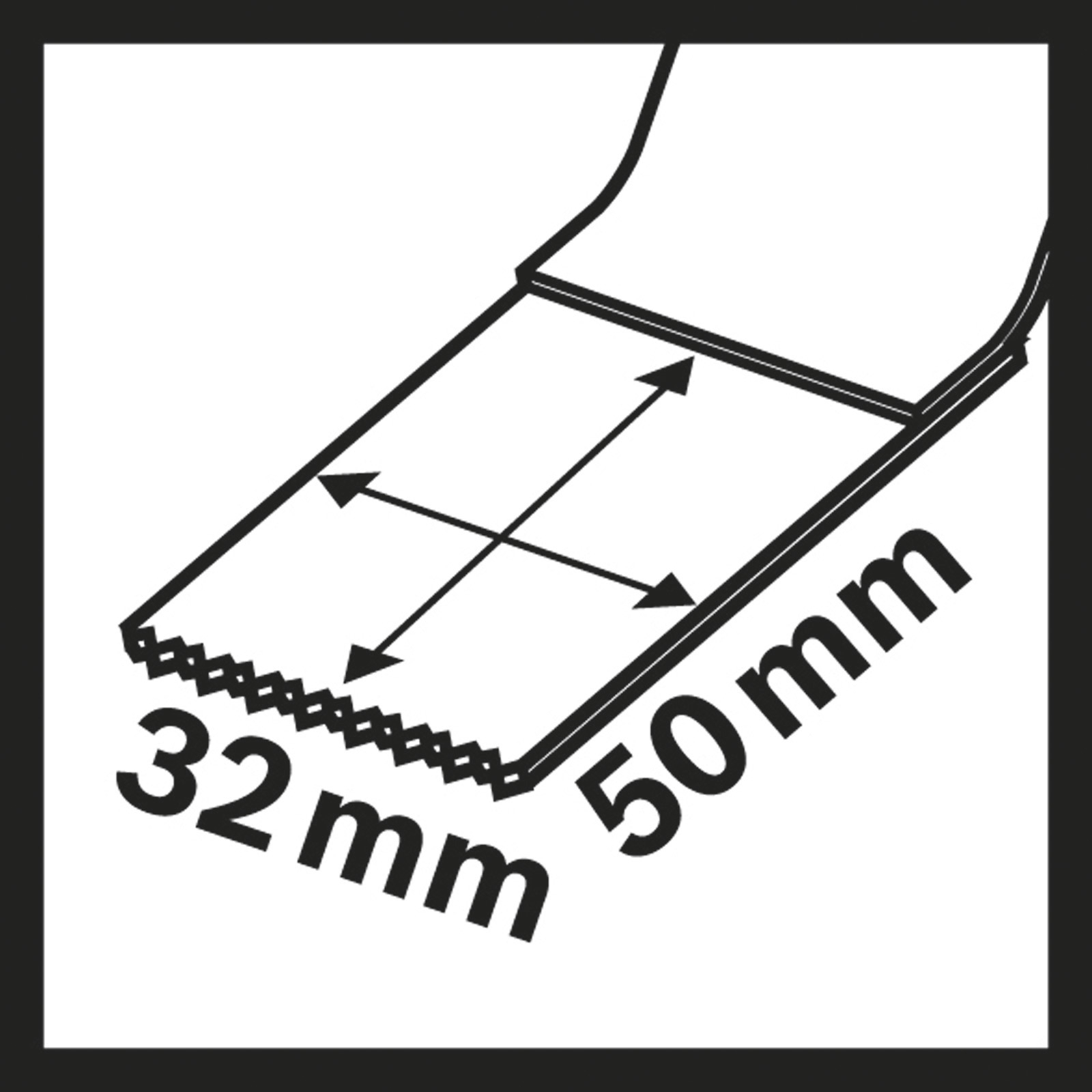 Diagramma di una lama, larga 32 mm e lunga 50 mm, con indicazioni a freccia. Il bordo è seghettato.