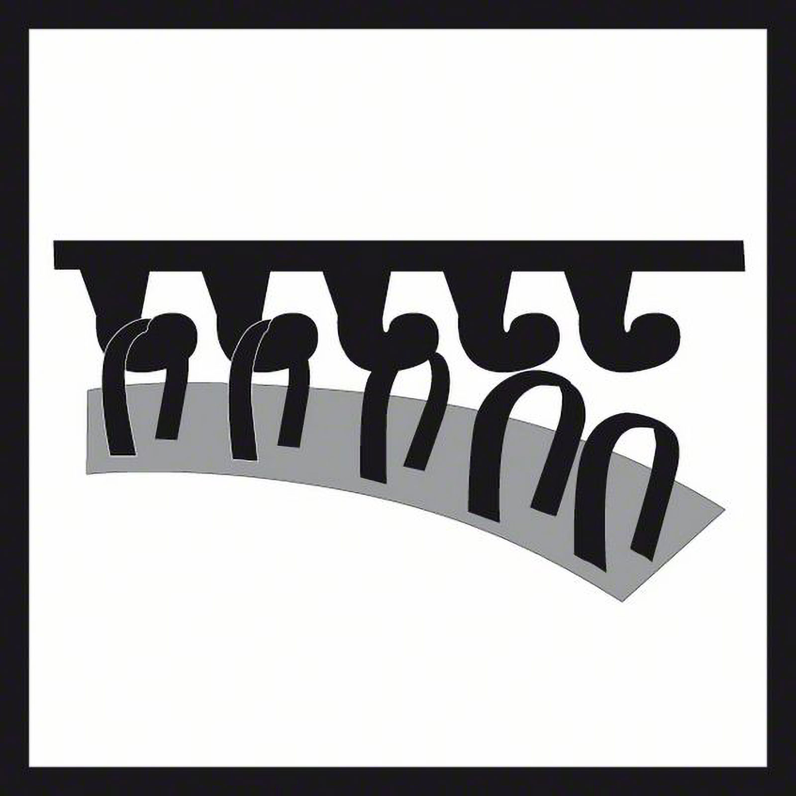 Schwarz-weiße Grafik. Eine schwarze, geschwungene Form mit Bögen über grauen Strukturen und weißem Hintergrund.