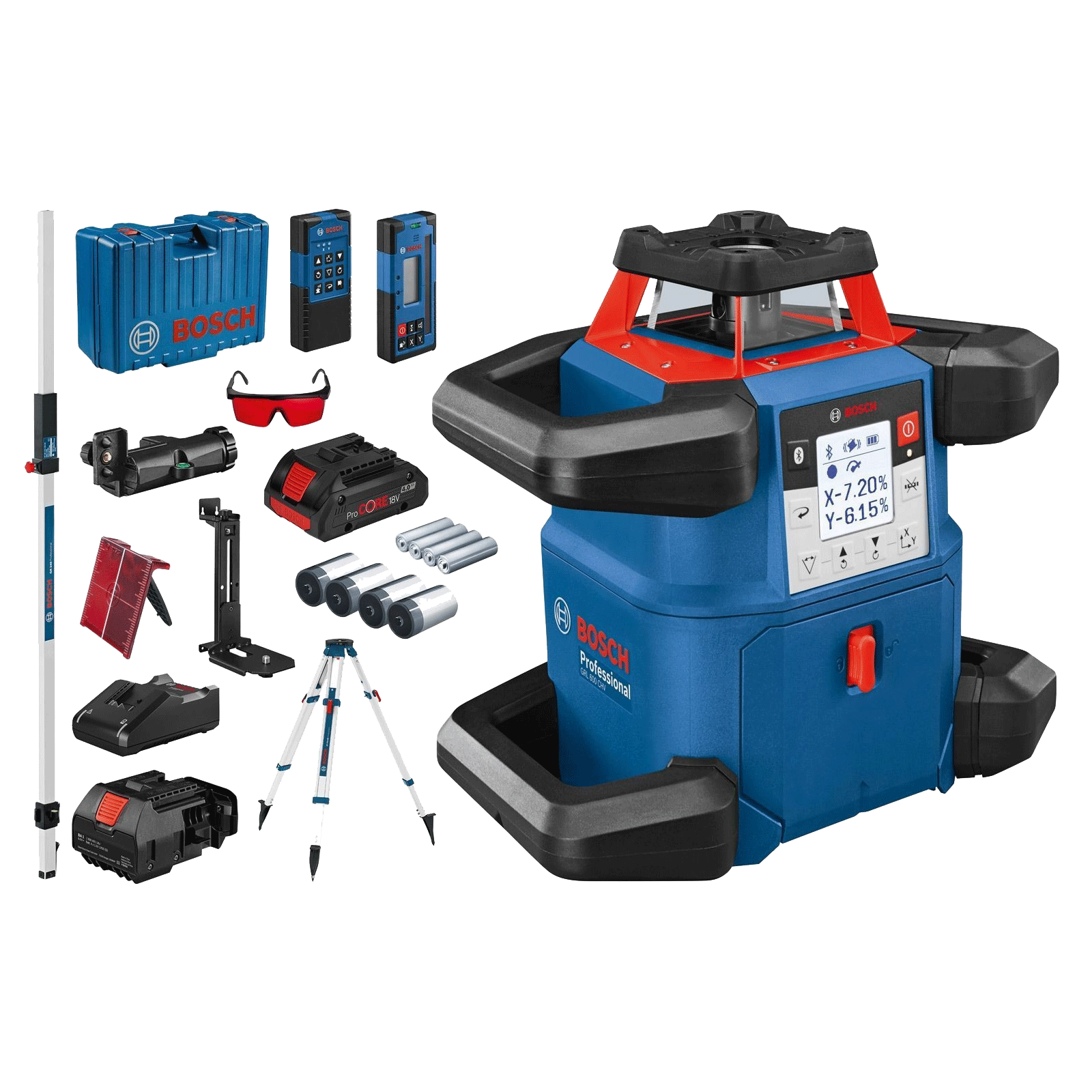 Ein blaues und rotes Bosch Professional Laser-Nivellier-Set. Enthält Nivelliergerät, Batterien, Brille, Fernbedienung, Stativ und Zubehör.