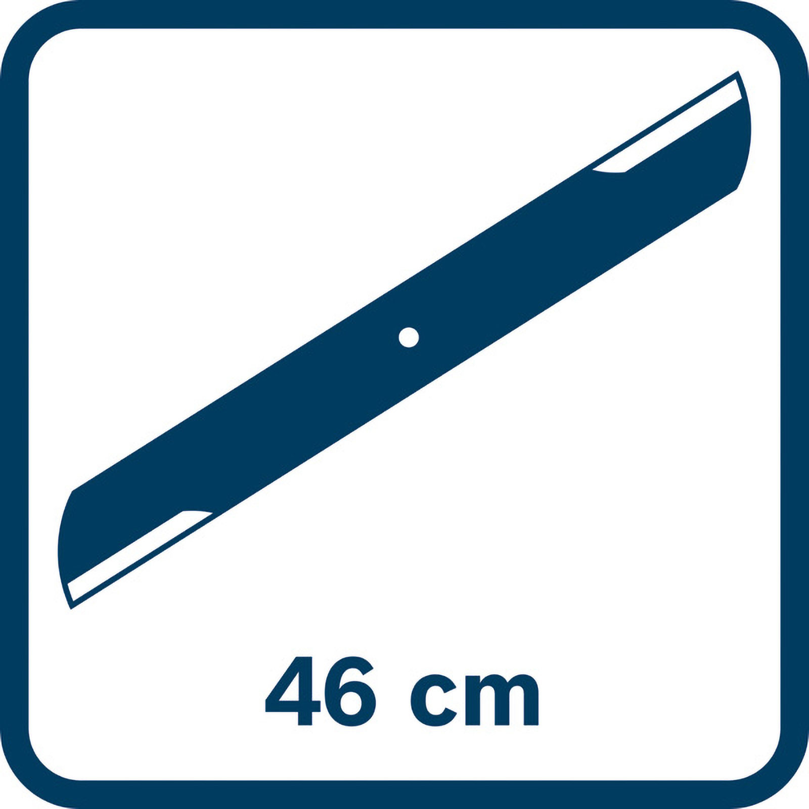 Una cuchilla azul de cortacésped, 46 cm de largo, en un marco cuadrado. Un punto blanco está en el medio.