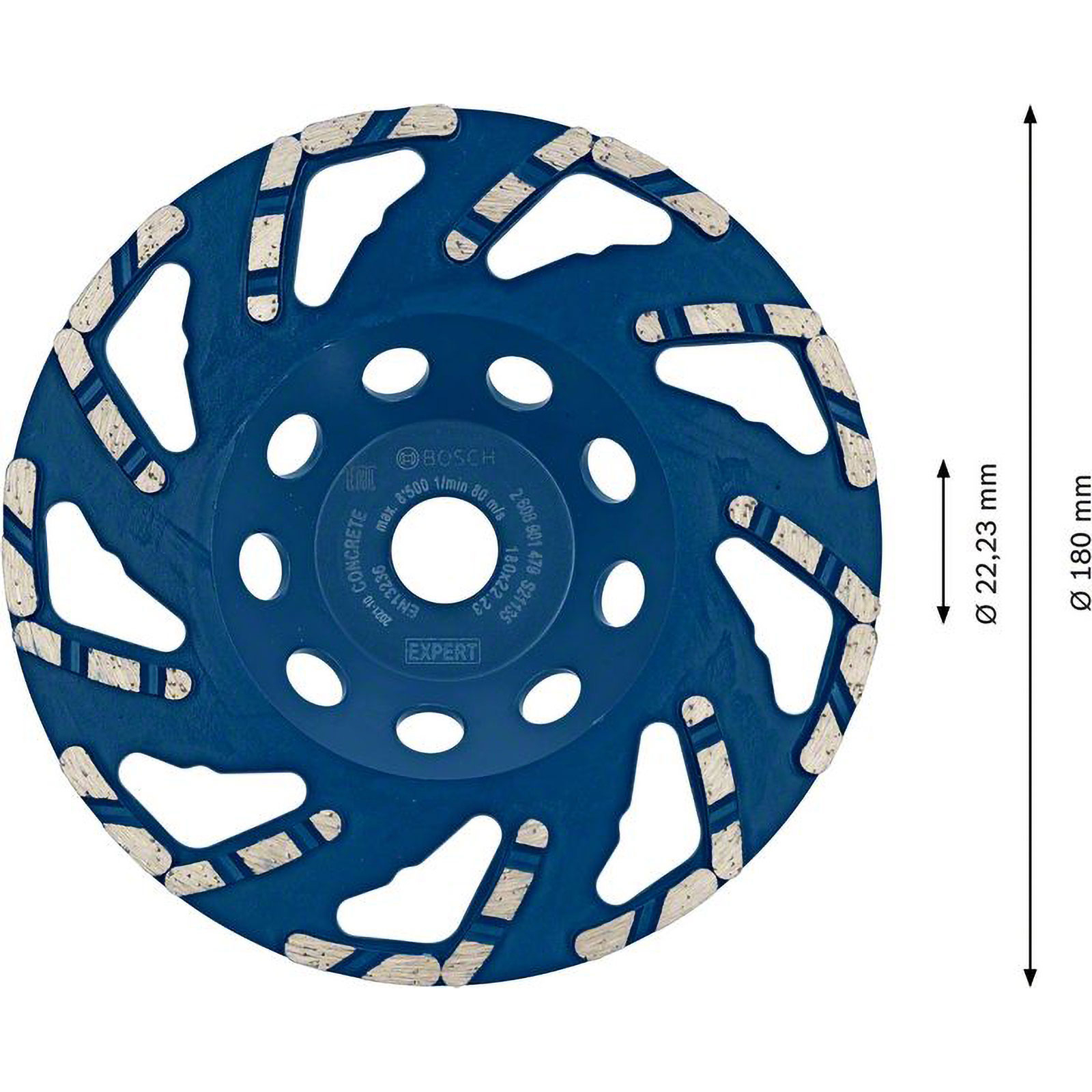 Blaue Bosch Betonscheibe. Kreisförmig mit weißen Segmenten und Löchern. Abmessungen sind angegeben.