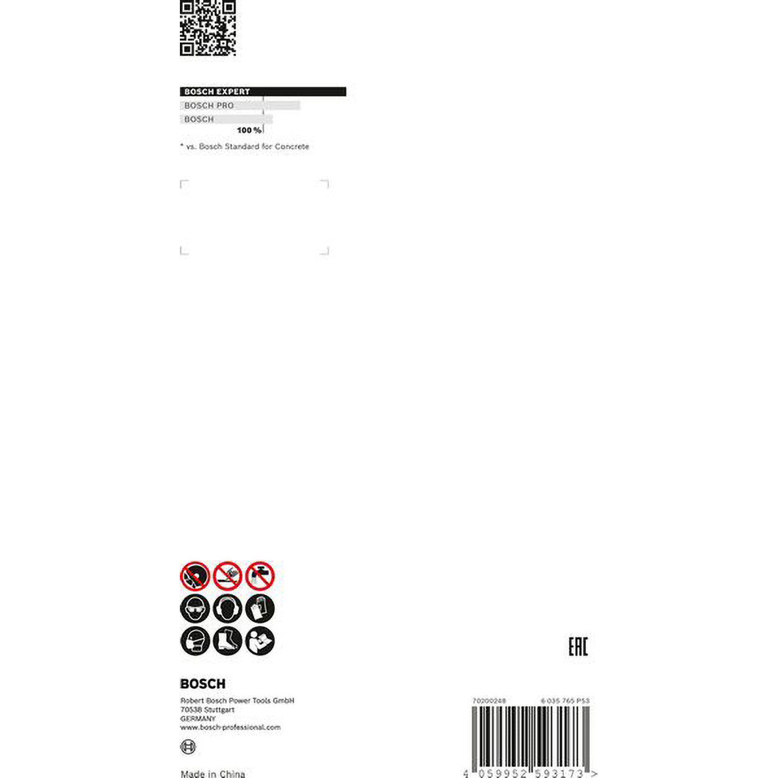 Ein weißes Produktetikett mit Text und Symbolen. Das Bosch-Logo befindet sich unten. QR-Code und Produktdetails sind vorhanden.