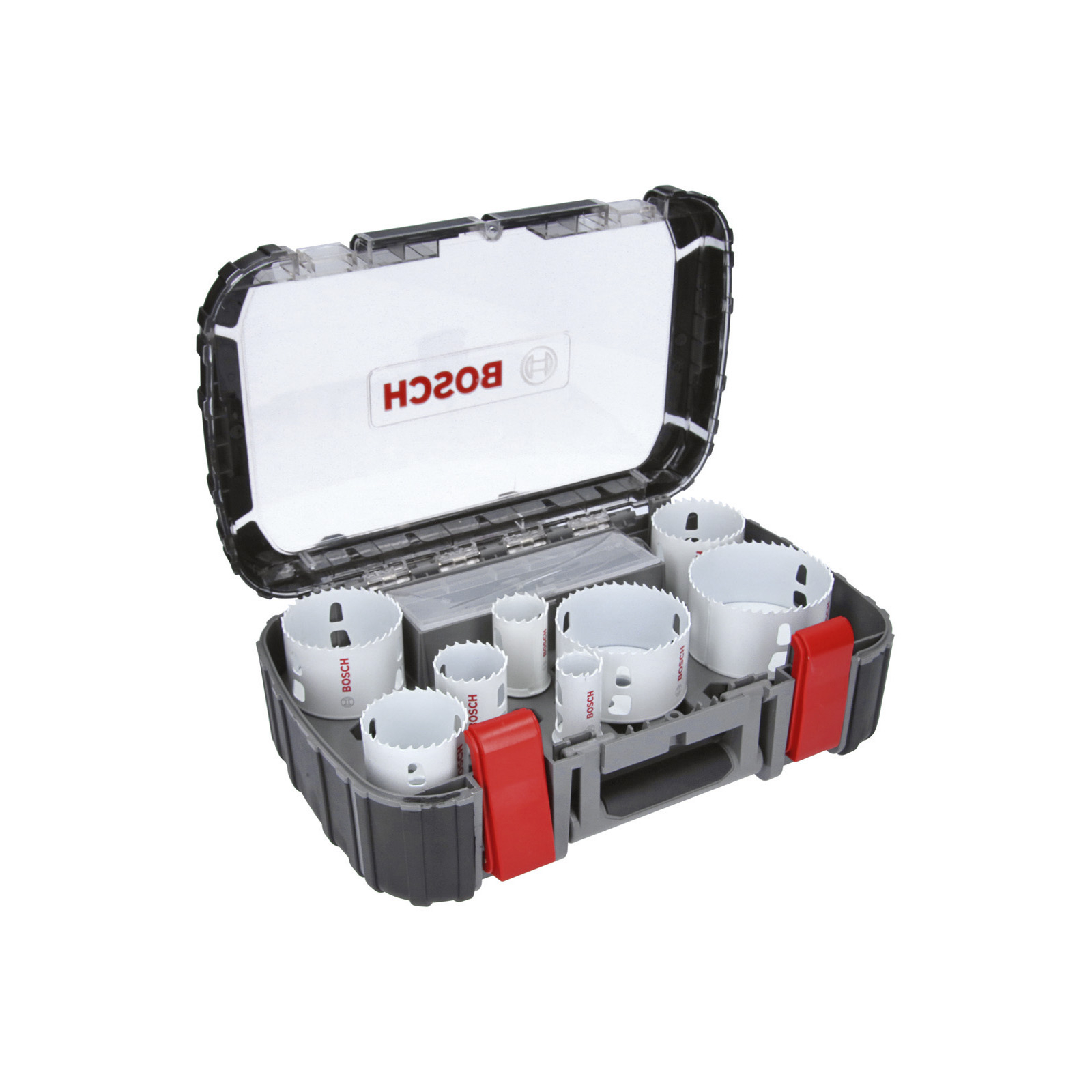 Una caja de herramientas gris con sierras de corona blancas de diferentes tamaños. La caja está abierta, con el logo rojo de Bosch.