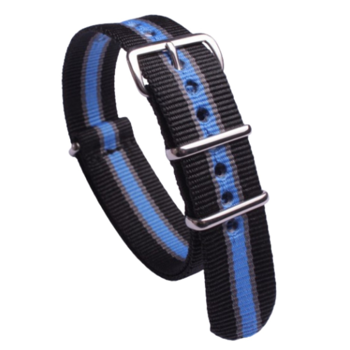 Ein Uhrenarmband mit schwarzen, grauen und blauen Streifen. Es hat silberne Schnallen und einen weißen Hintergrund.
