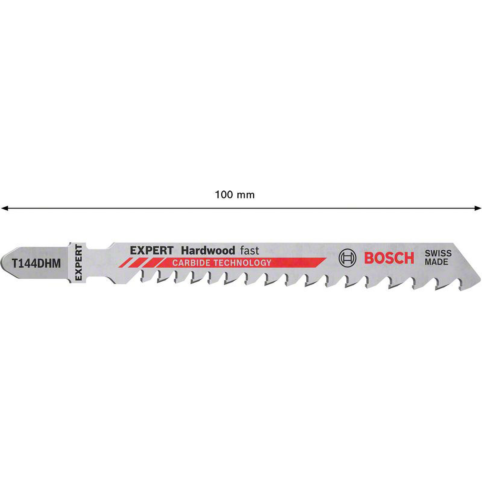 Ein Bosch T144DHM Expert Sägeblatt für Hartholz, mit Carbide Technology und Swiss Made. Das Sägeblatt ist 100 mm lang.