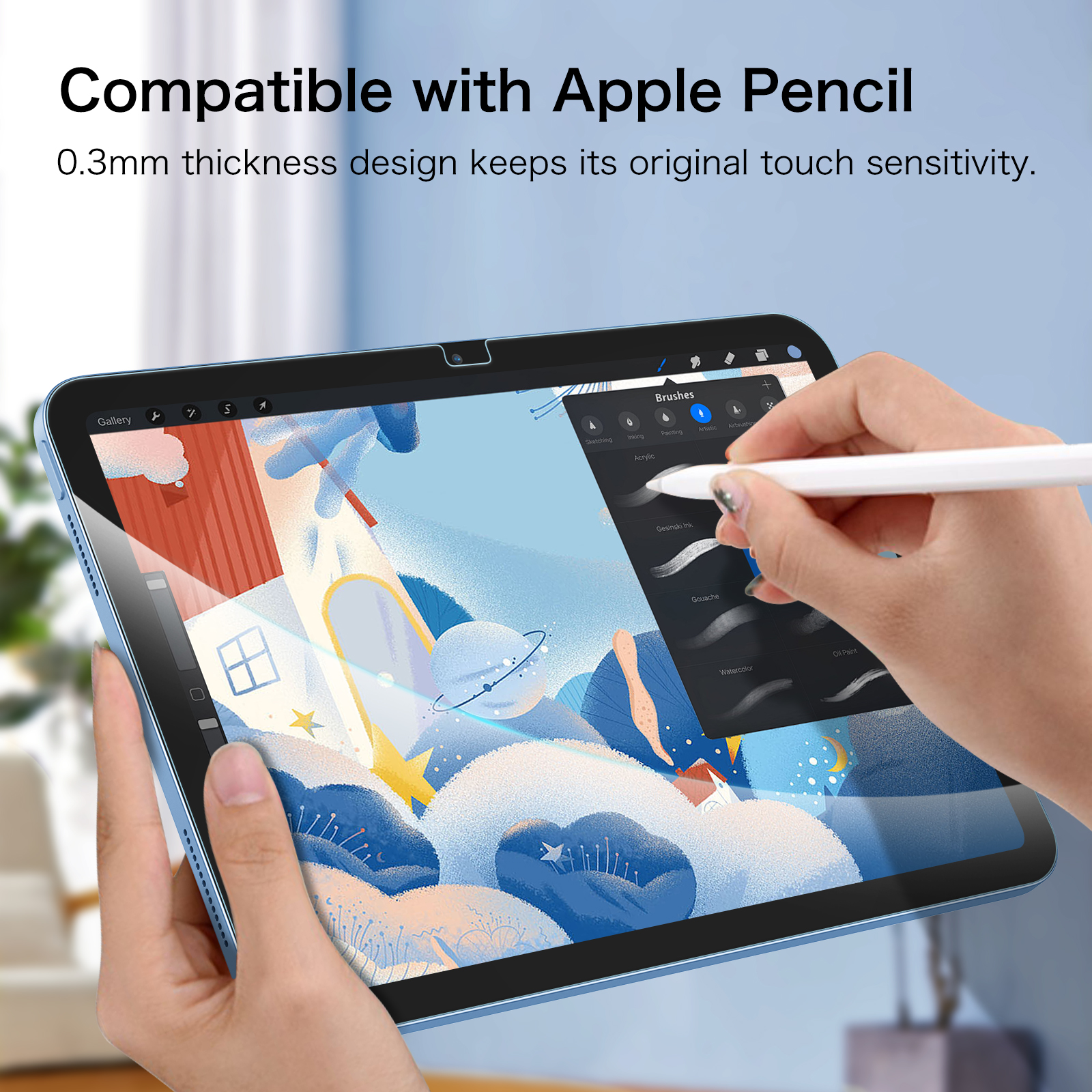 Eine Hand hält ein Tablet mit einem Stift. Der Bildschirm zeigt eine Zeichenoberfläche mit verschiedenen Pinseloptionen.
