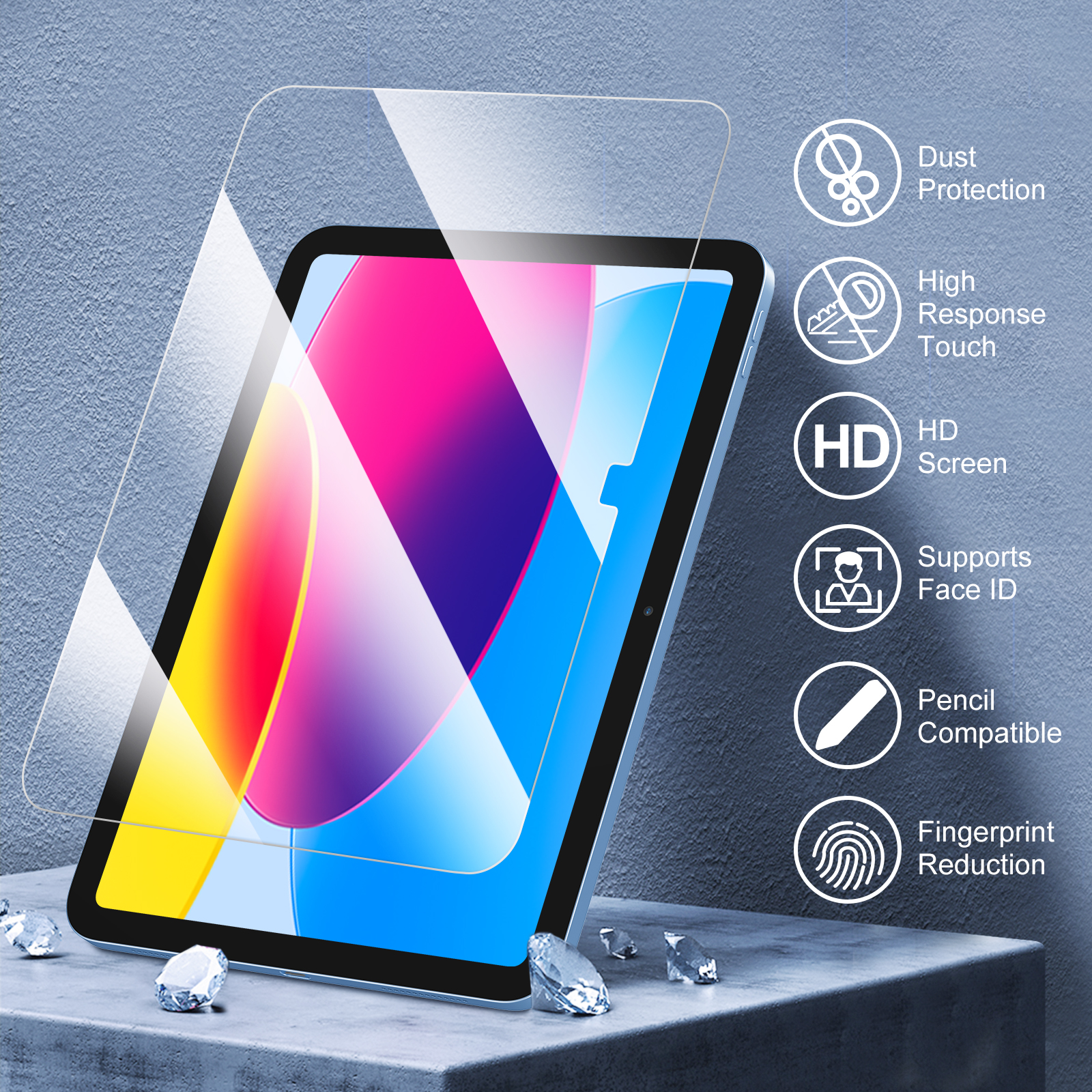 Ein Tablet mit Displayschutzfolie, umgeben von Symbolen, die Funktionen wie Staubschutz, HD-Bildschirm und Fingerabdruckreduzierung anzeigen.