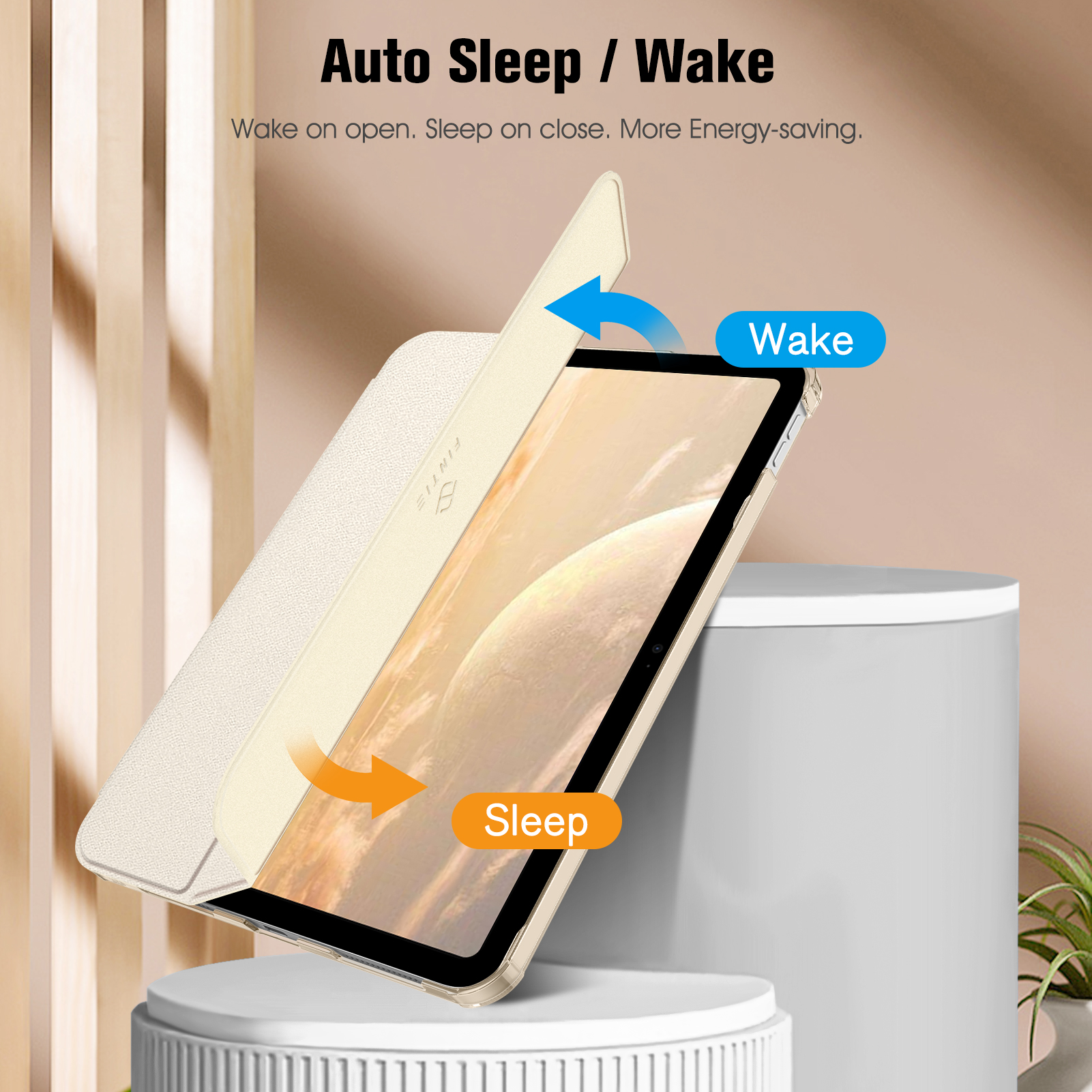 Geöffnete Tablet-Hülle mit Pfeil zu 'Wake'. Text: 'Auto Sleep/Wake'.