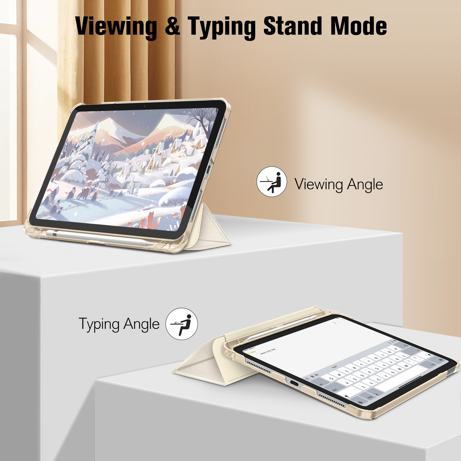 Ein iPad in einer Hülle wird im Anzeige- und Tippmodus gezeigt. Ein iPad zeigt eine Winterlandschaft, das andere eine Tastatur.