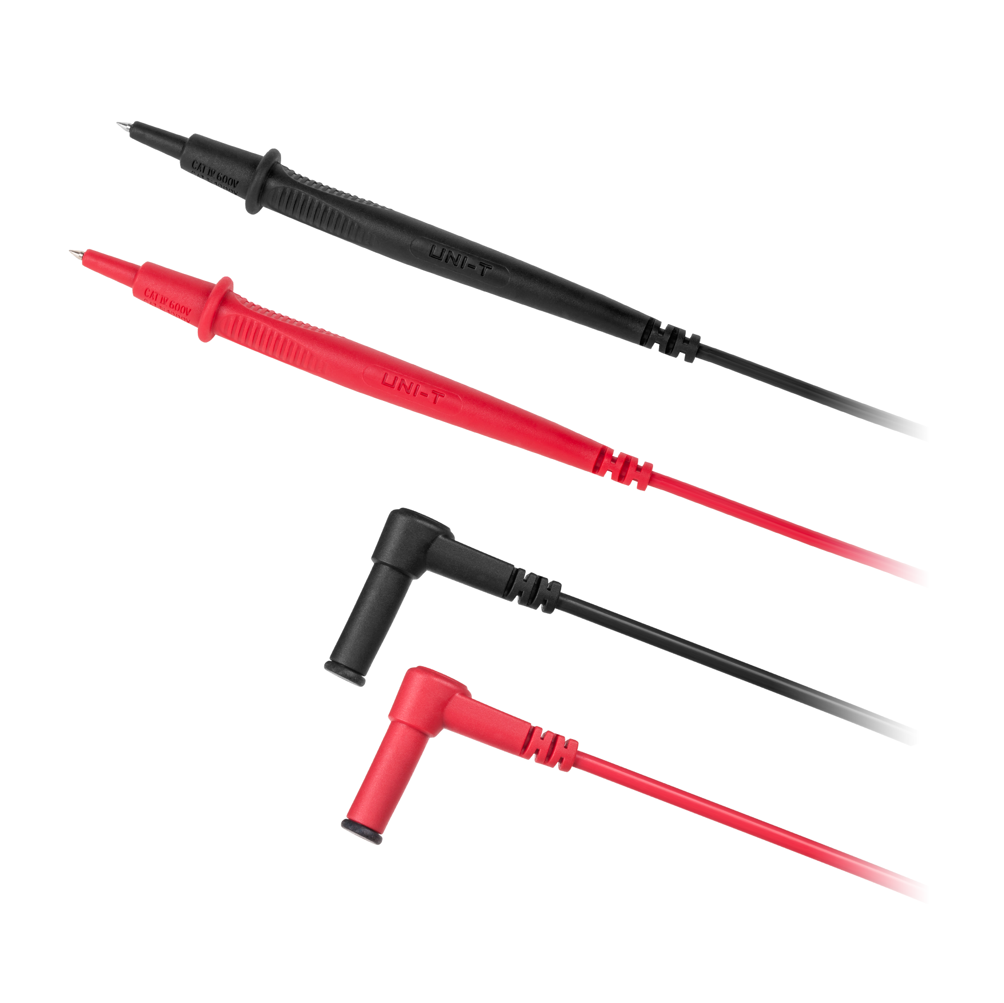 Trzy przewody pomiarowe multimetru, czarne i czerwone, kątowe i proste, z etykietami i ostrymi końcówkami na białym tle.