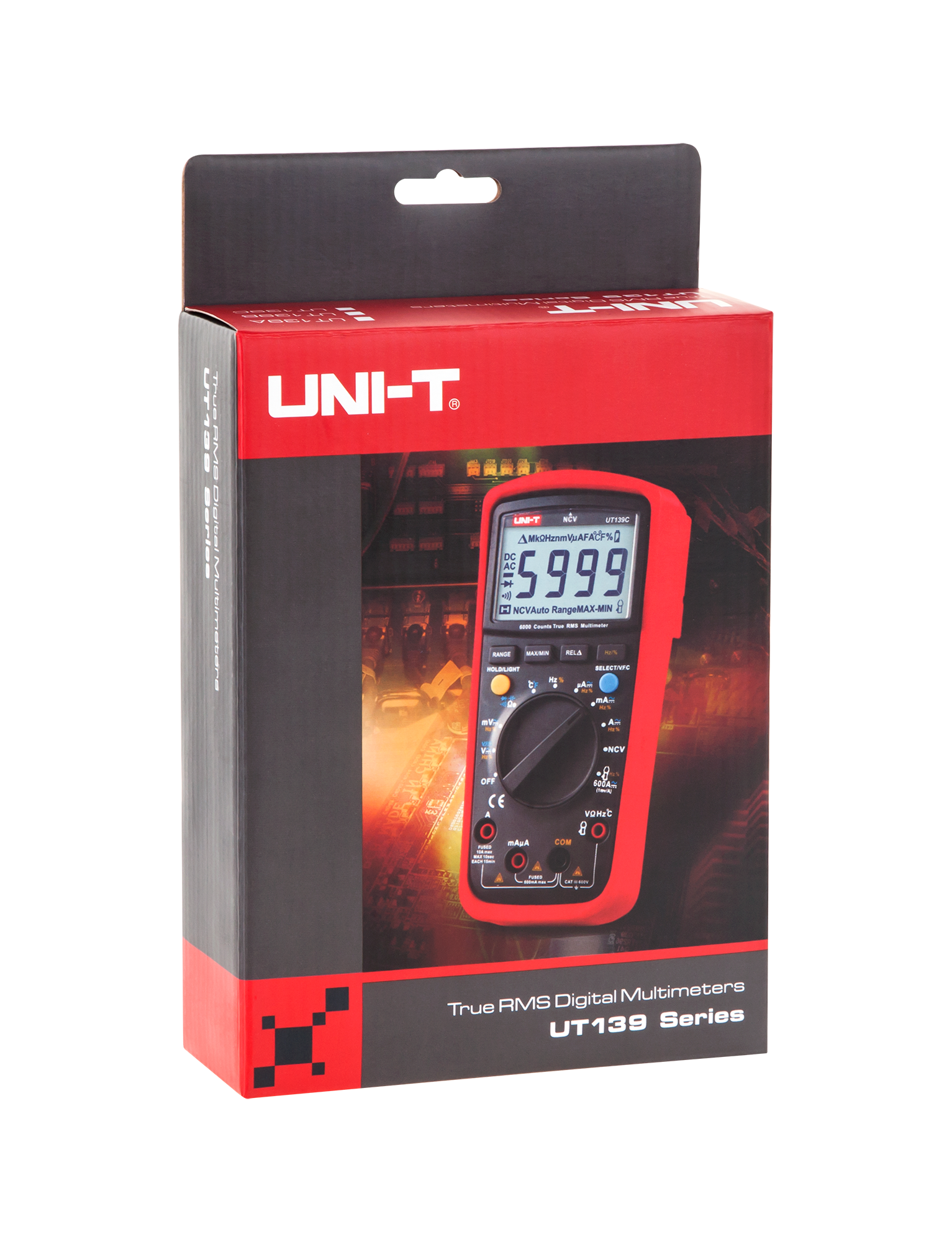 Czerwono-czarne pudełko miernika cyfrowego. Miernik wyświetla dużą liczbę z widocznymi przyciskami i ustawieniami.