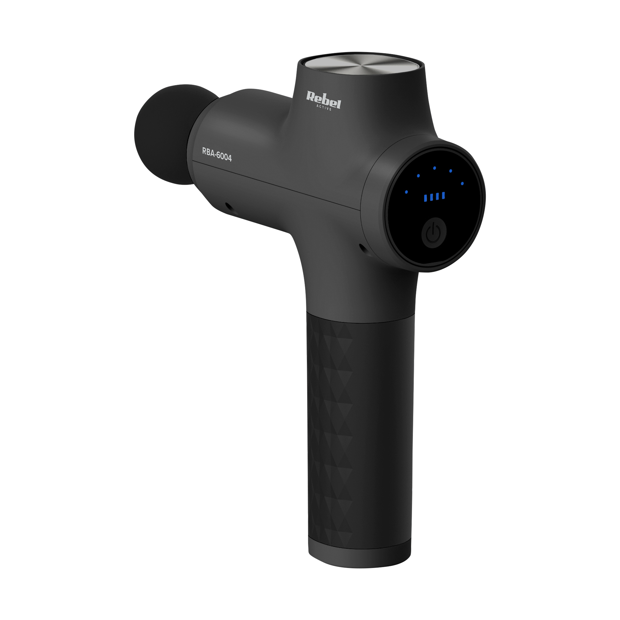 Czarny pistolet do masażu Rebel Active, model RBA-6004, ze wskaźnikami zasilania i baterii. Tło jest gładkie.