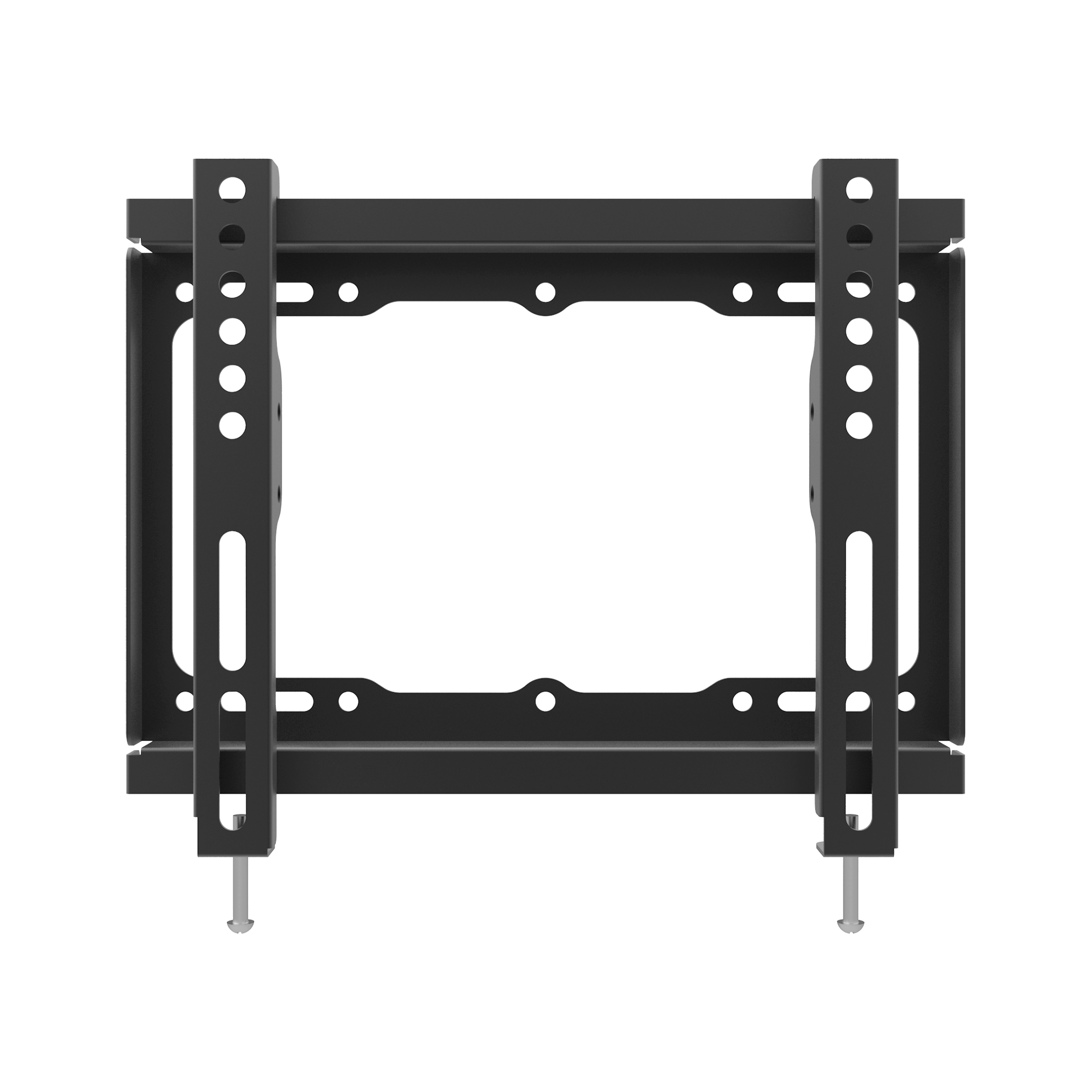 Czarny uchwyt ścienny do telewizora. Wykonany jest z metalu z wieloma otworami i szczelinami. Śruby są widoczne na dole.