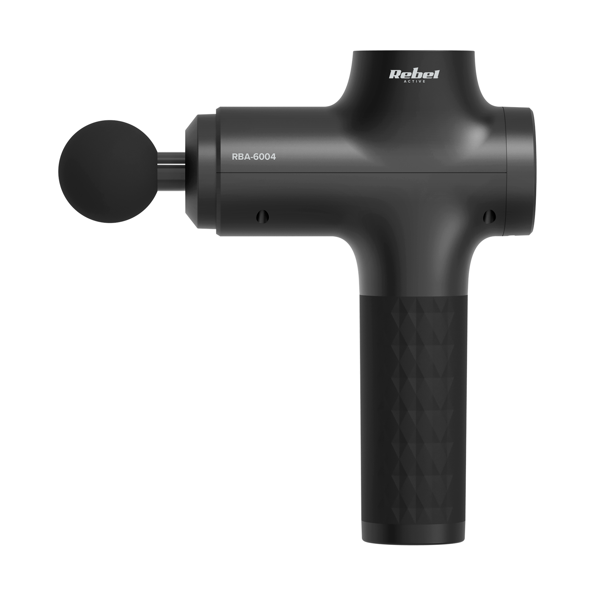 Czarny pistolet do masażu z okrągłą głowicą. Ma markę 'Rebel Active'. Model to RBA-6004.