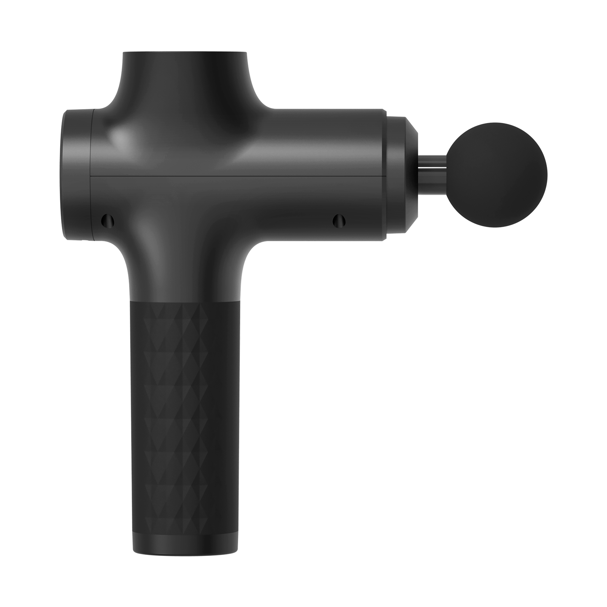 Czarny pistolet do masażu z okrągłą głowicą jest wyświetlany na białym tle. Uchwyt ma teksturowany uchwyt.