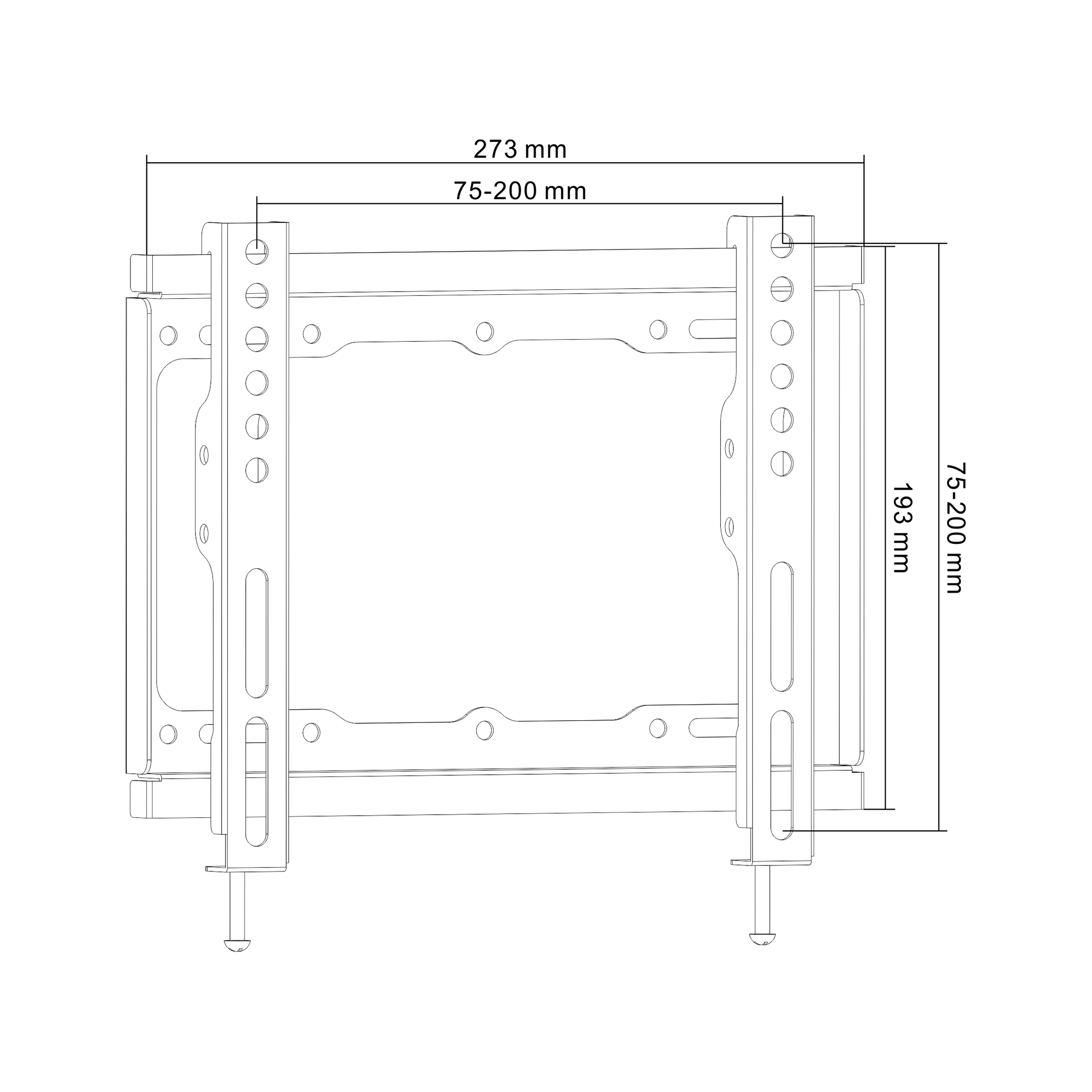 Rysunek linii uchwytu TV. Wymiary są oznaczone: 273 mm, 75-200 mm i 193 mm. Zawiera wiele otworów i wsporników.