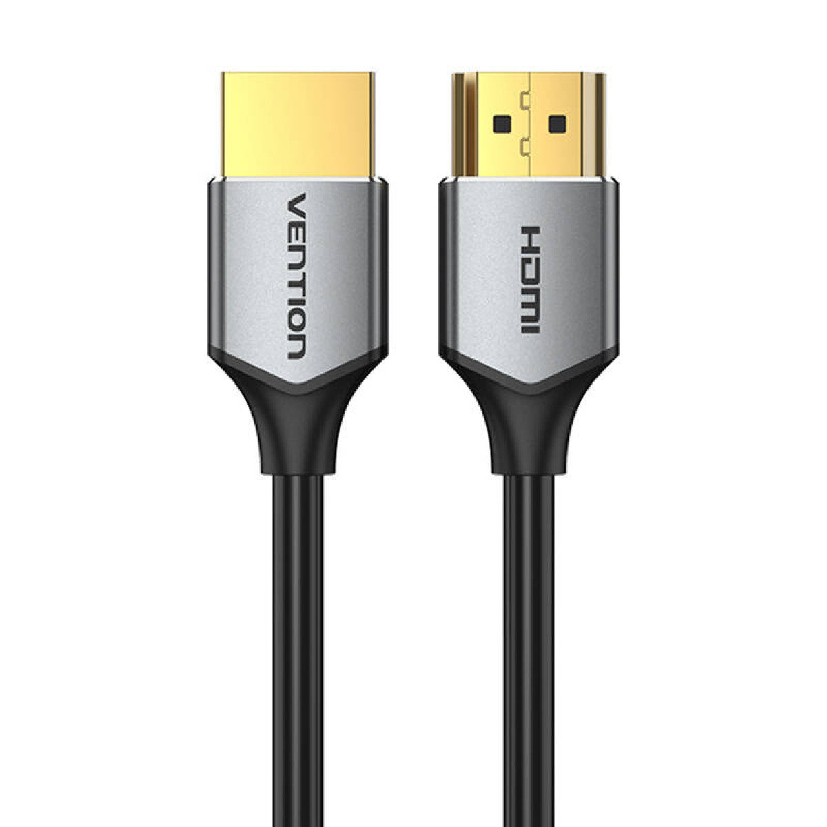 Due cavi HDMI con connettori dorati e involucri argentati. Uno dice VENTION, l'altro HDMI. Cavi neri collegano le teste.