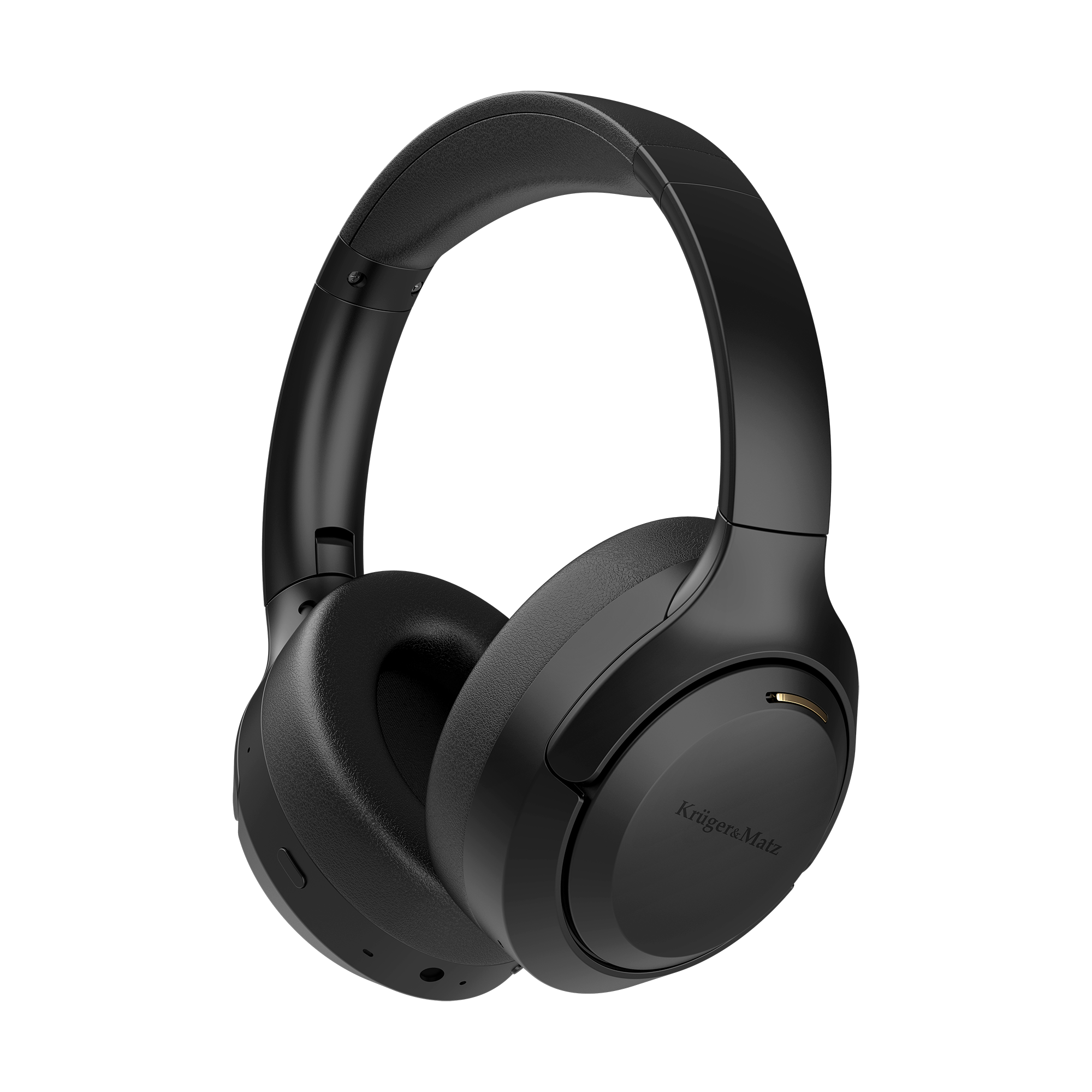 Czarne słuchawki nauszne z marką Kruger&Matz. Słuchawki są na czarnym tle.