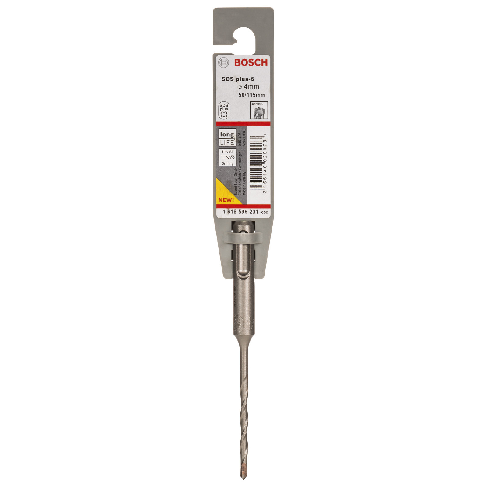 Ein Bosch SDS plus-5 Bohrer mit Verpackung. Der Bohrer ist silberfarben, hat eine rote Spitze und ist mit Produktdetails versehen.