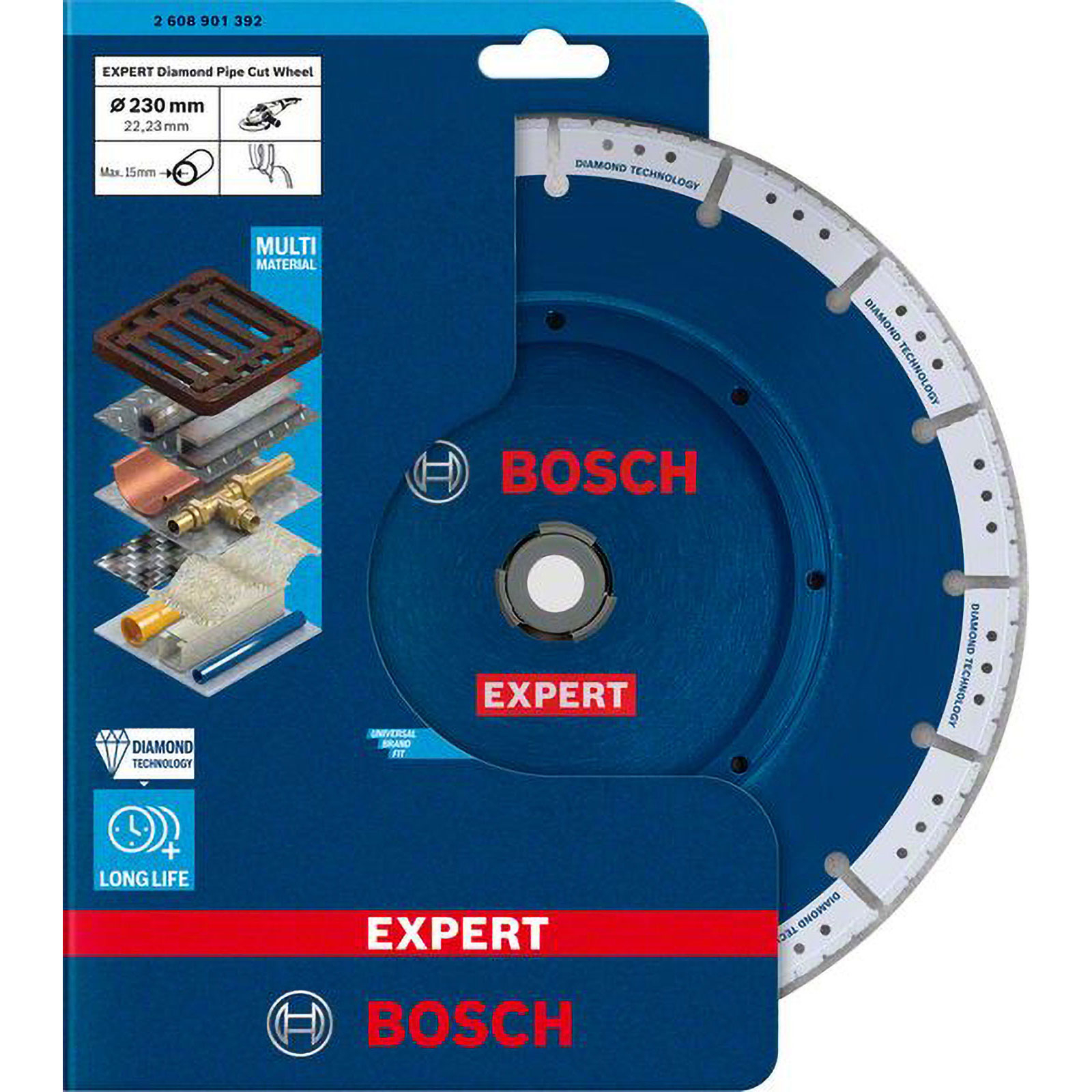 Bosch Expert Diamant-Rohrschneidscheibe. Blaue und weiße Verpackung mit Produktdetails und einem Querschnittsdiagramm.