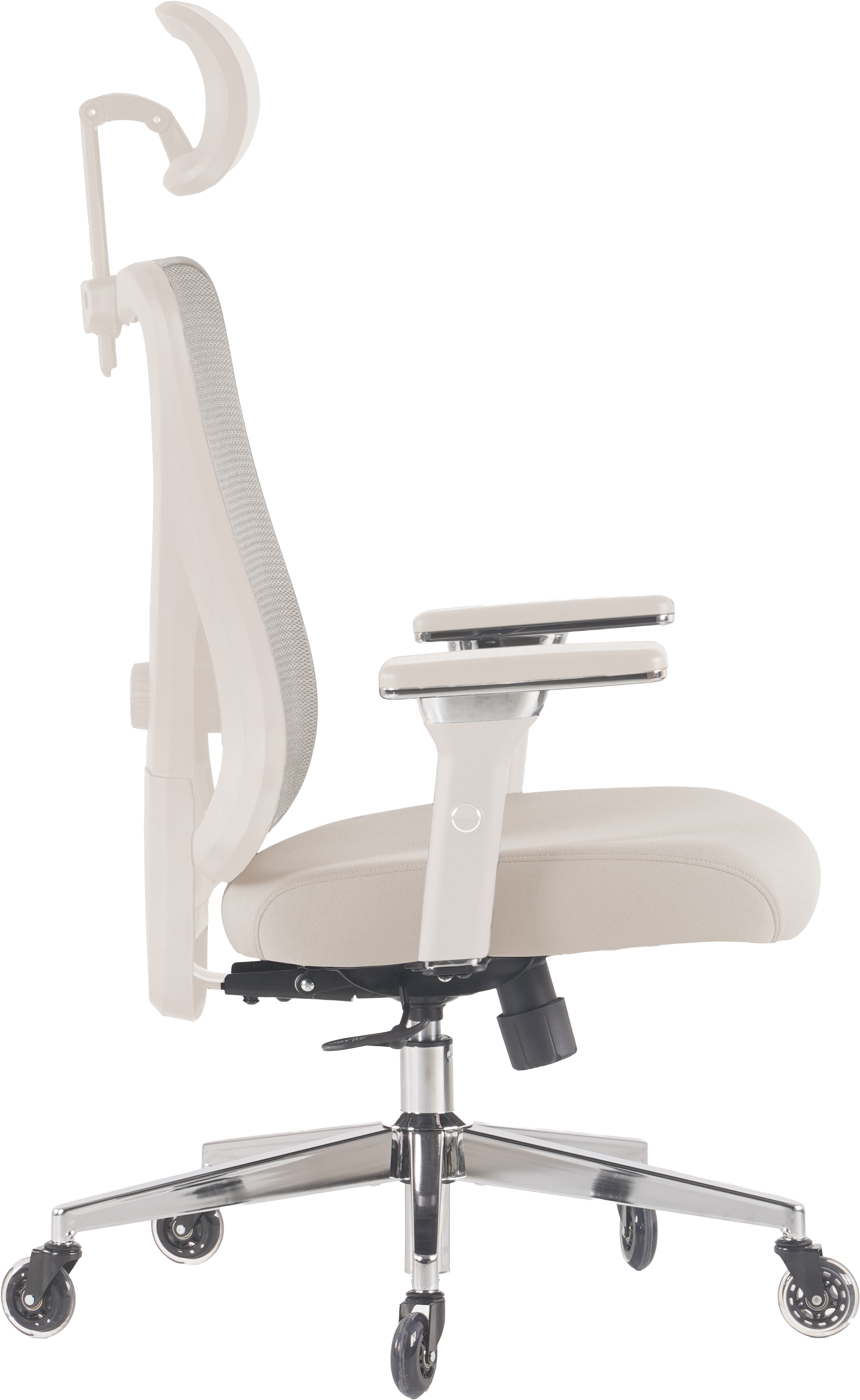 Ein ergonomischer Bürostuhl. Er hat eine Kopfstütze, Armlehnen, eine Netzrückenlehne und einen gepolsterten Sitz, alles in neutralen Tönen.