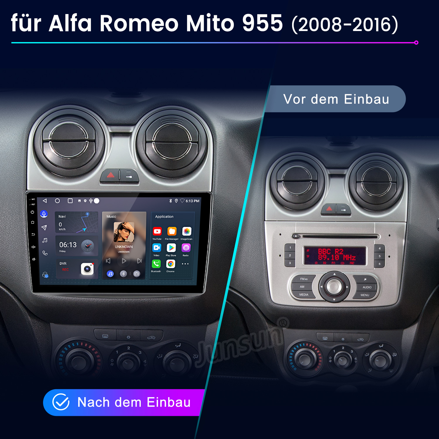 Vergleich von Autoradios: altes Radio rechts, neues Touchscreen-Multimedia-System links. Das Innere des Autos ist sichtbar.