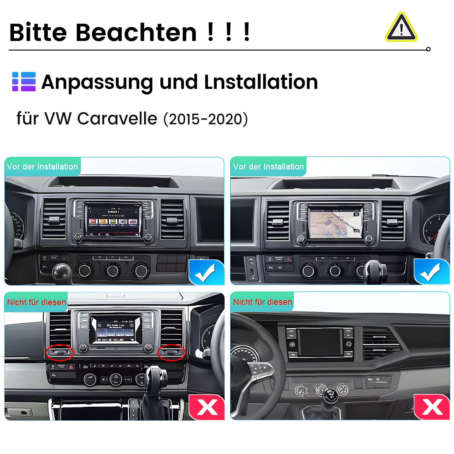 Das Bild zeigt ein Armaturenbrett des VW Caravelle. Text zeigt Installationsanweisungen. Enthält Vorher/Nachher-Beispiele mit Häkchen und Kreuzen.