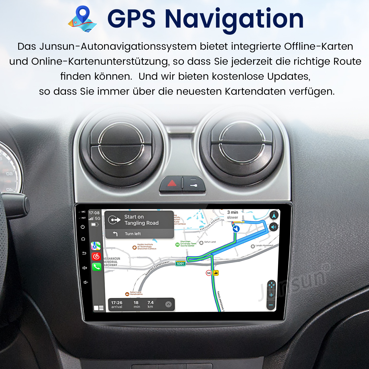 Armaturenbrett mit GPS-Navigation auf dem Bildschirm. Zeigt eine Karte, Route und Navigationsanweisungen.