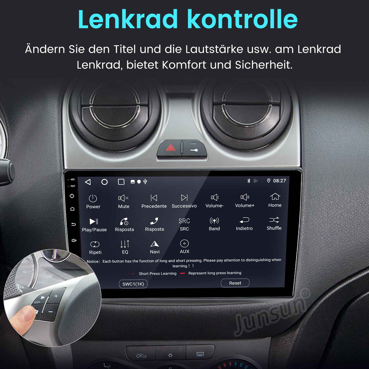 Autointerieur mit Touchscreen-Display. Eine Hand bedient Tasten am Lenkrad. Text auf dem Bildschirm in mehreren Sprachen sichtbar.