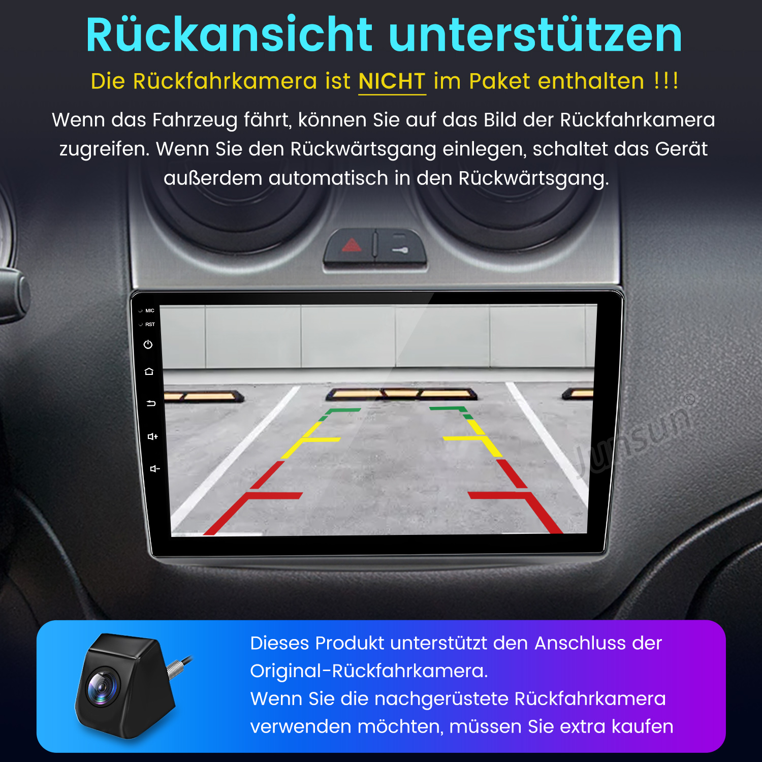 Auto-Bildschirm mit Parkassistent. Kamera und Text unten. Der Bildschirm zeigt Parklinien.