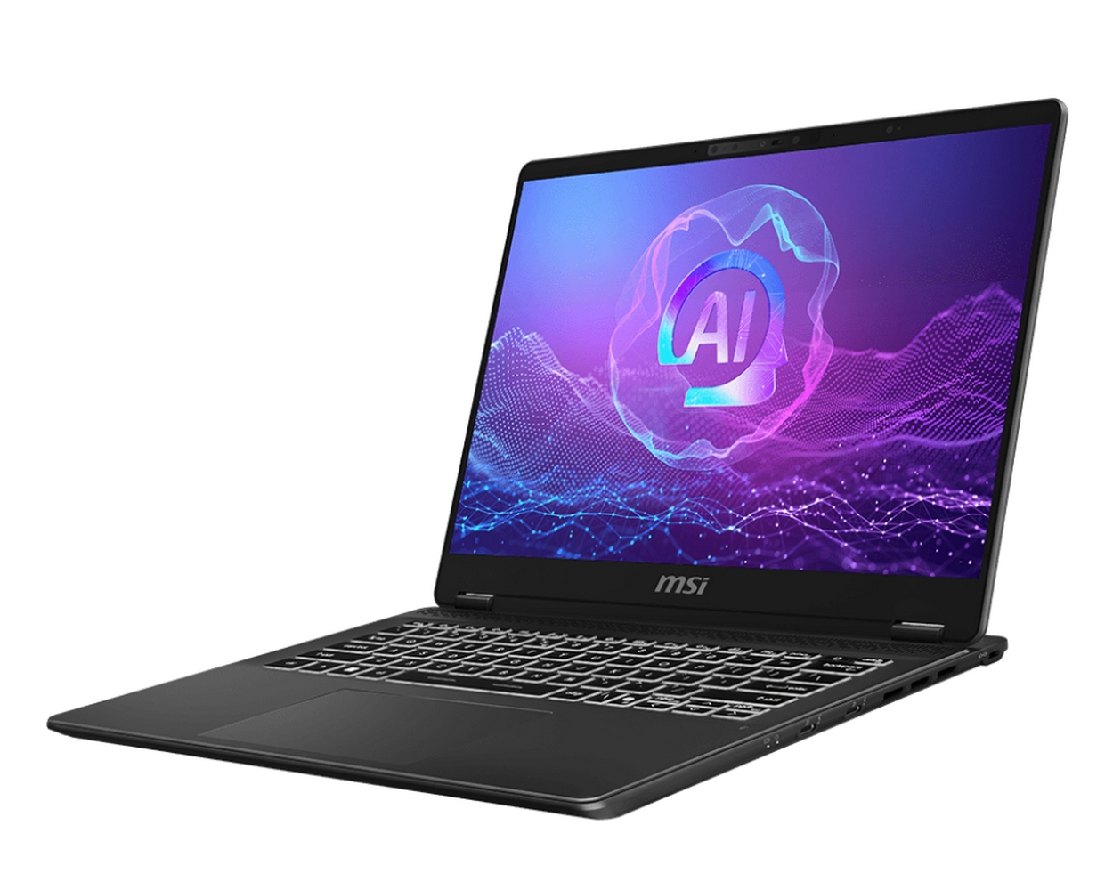 Un laptop MSI nero è aperto. Lo schermo mostra una grafica AI. La tastiera e il touchpad sono visibili. Lo sfondo è bianco.