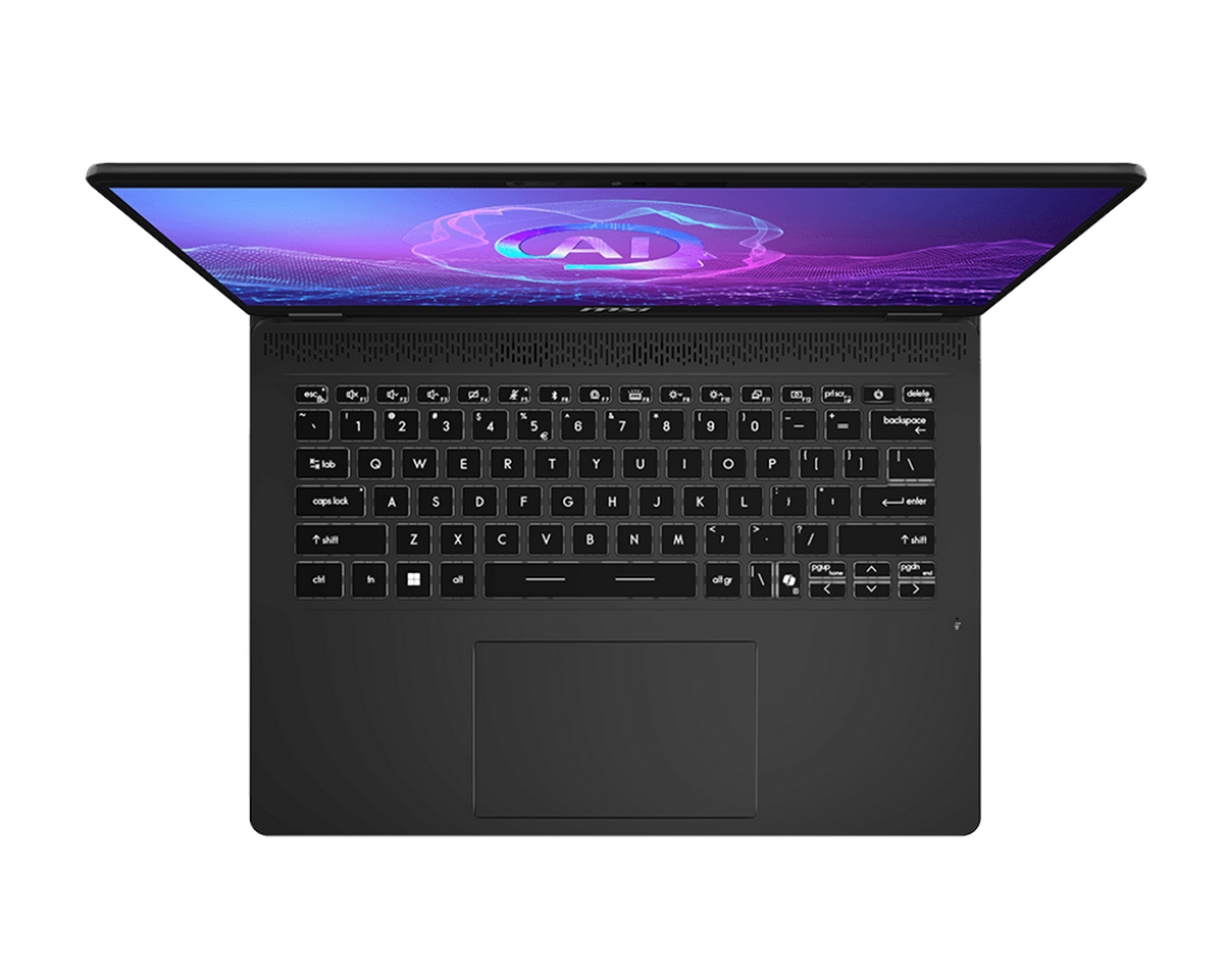Vista dall'alto di un laptop nero. Lo schermo mostra la parola IA, la tastiera e il touchpad sono visibili. Il laptop è aperto.