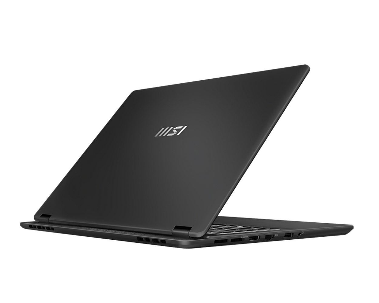 Laptop nero su sfondo bianco, leggermente aperto. Logo MSI visibile. Tastiera e porte visibili.