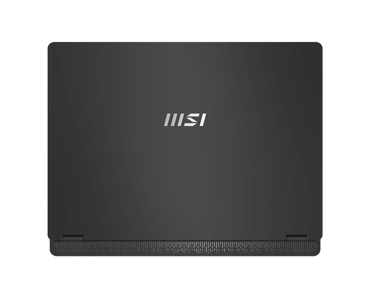 Un laptop nero chiuso con il logo MSI. Il laptop è su sfondo bianco. La parte inferiore ha piccoli fori.
