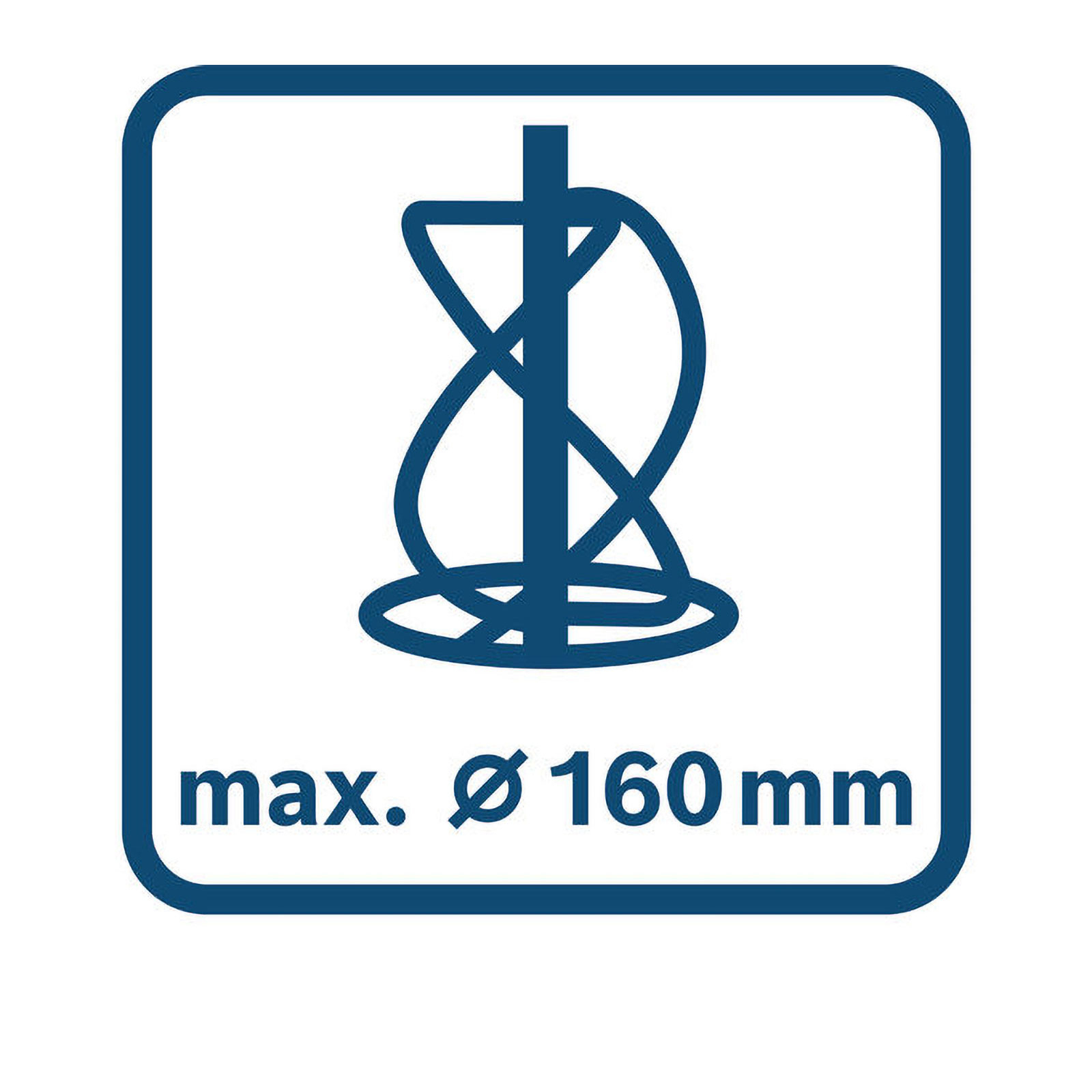 Blaues quadratisches Symbol mit einem Grafik eines Rührwerks und dem Text 'max. Ø 160mm'.