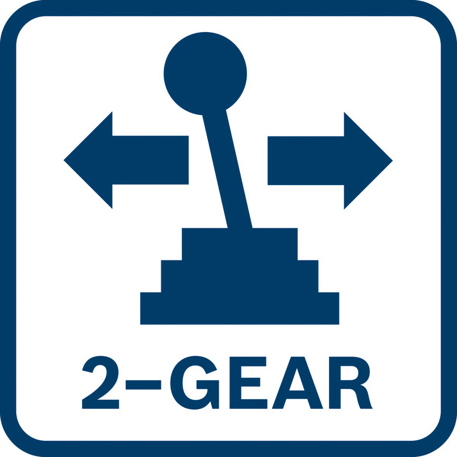 Blaues Schild mit einem Schaltsymbol, Pfeilen und dem Text '2-GEAR'.