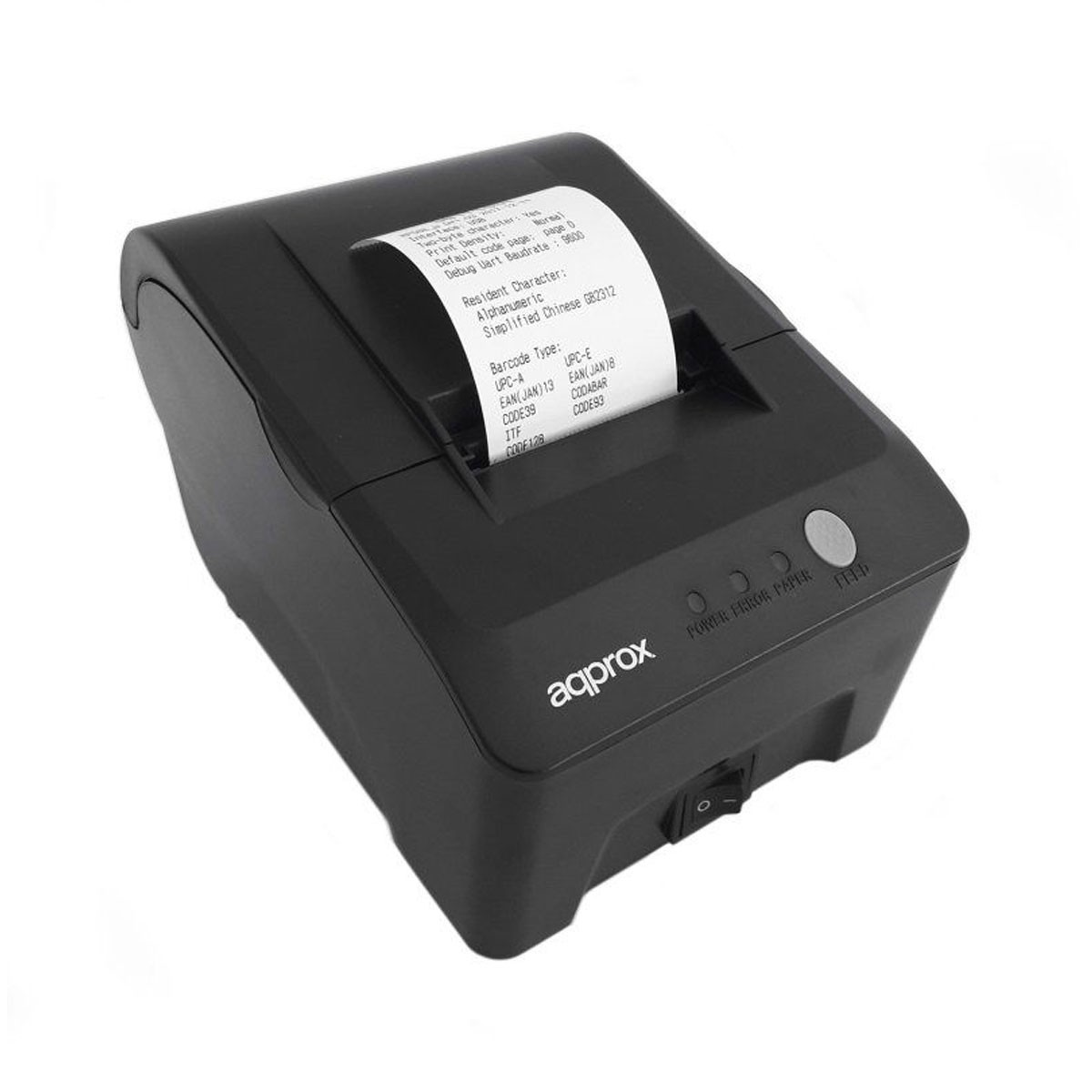 Czarna drukarka termiczna z rolką papieru drukującą tekst. Posiada przyciski i markę 'aqprox'.