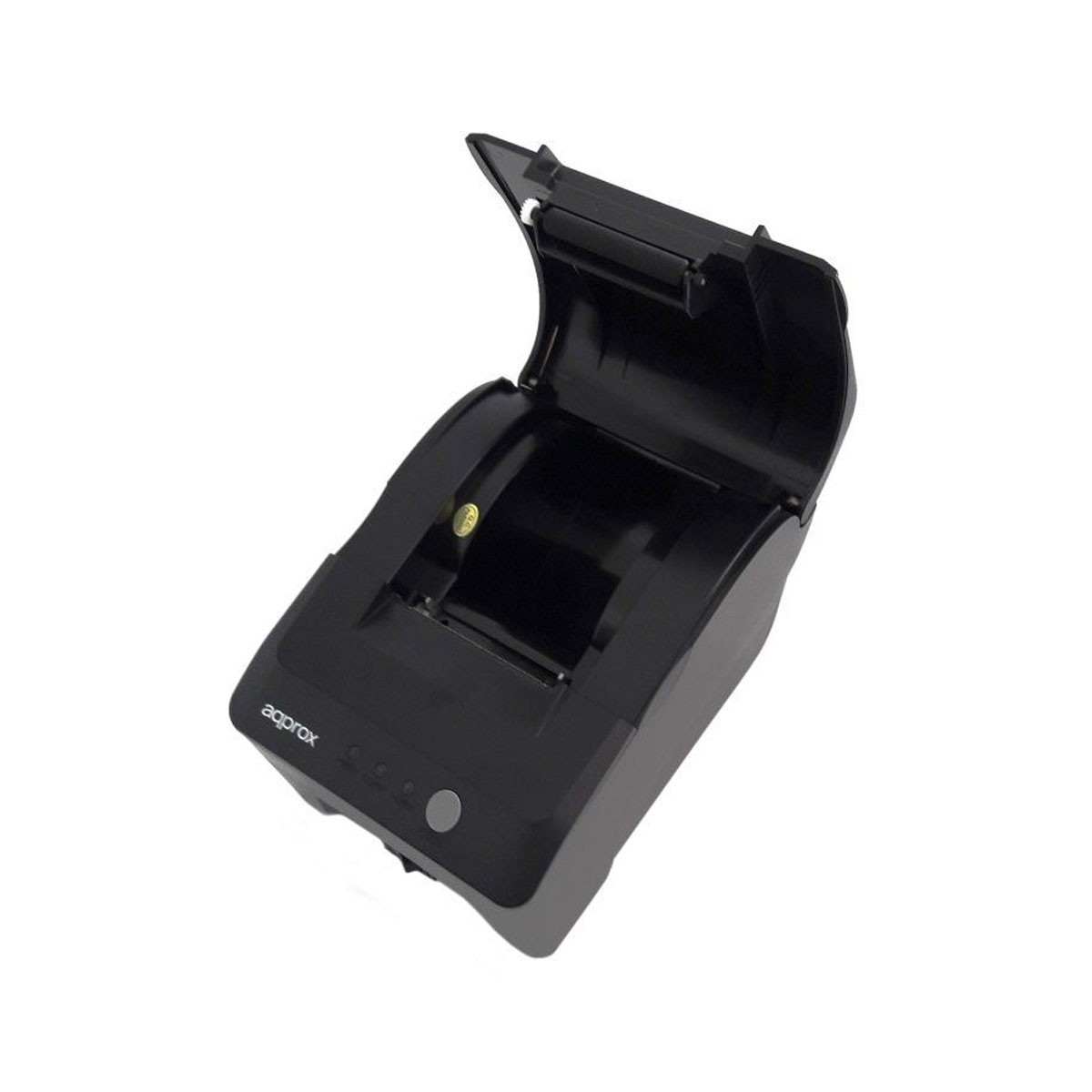 Czarna drukarka termiczna z otwartą pokrywą. Słowo "aapprox" jest widoczne z boku. Z przodu znajduje się okrągły przycisk.