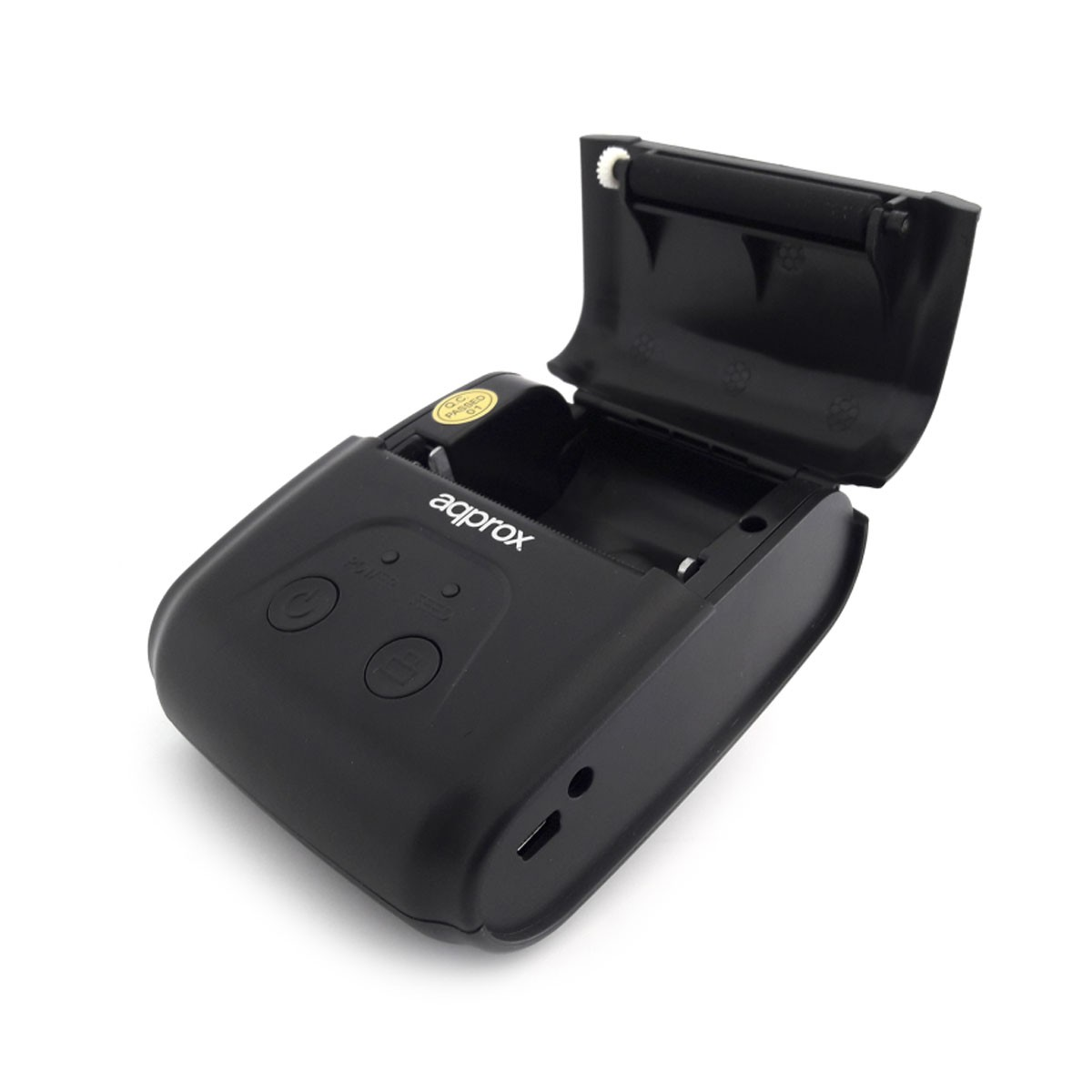 Czarna drukarka termiczna z otwartą pokrywą. Widoczna marka "aqprox". Zawiera przyciski zasilania i podawania oraz port USB.